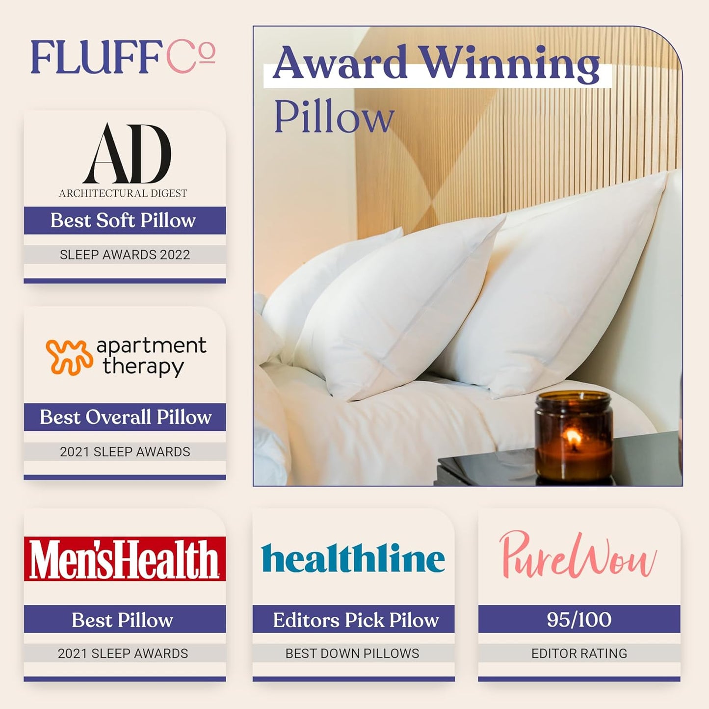 FluffCo Zen Fluff™ Down Standard/Queen Pillow with 600 Fill Power White Duck Down Stomach Sleeper Pillows - Luxury Hotel Quality 300 Thread Count - 100% Cotton Feather Pillows (Soft Queen Size 1 Pack)