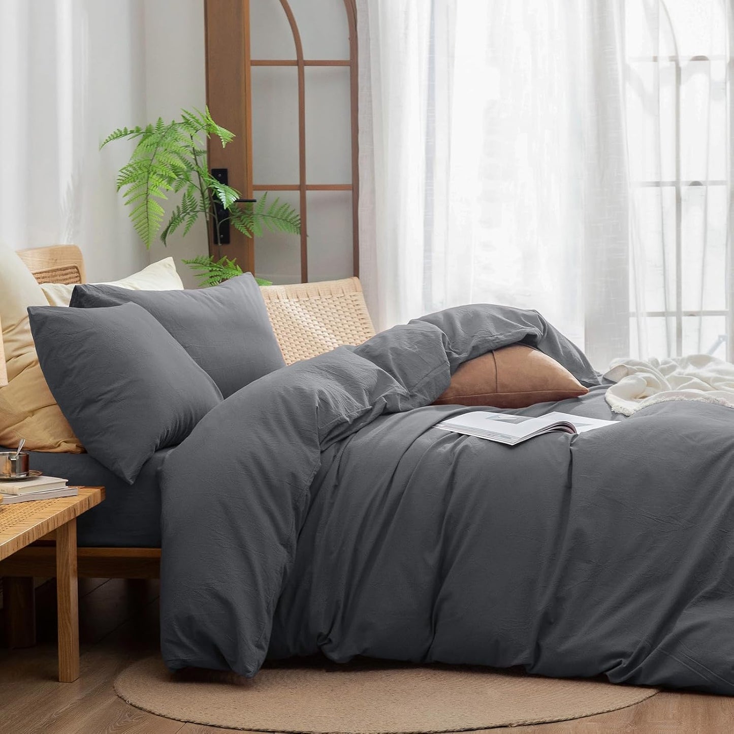 BESTOUCH Duvet Cover Set 100% Washed Cotton Linen Feel Super Soft Comfortable Chic Lightweight 3 PCs Home Bedding Set Solid Quiet Shade Grey Super Queen