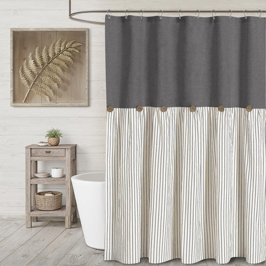 Farmhouse Shower Curtain Linen Grey Button Woven Fabric Country Rustic Western, Pleated Grey Stripe 72" W x 72" L