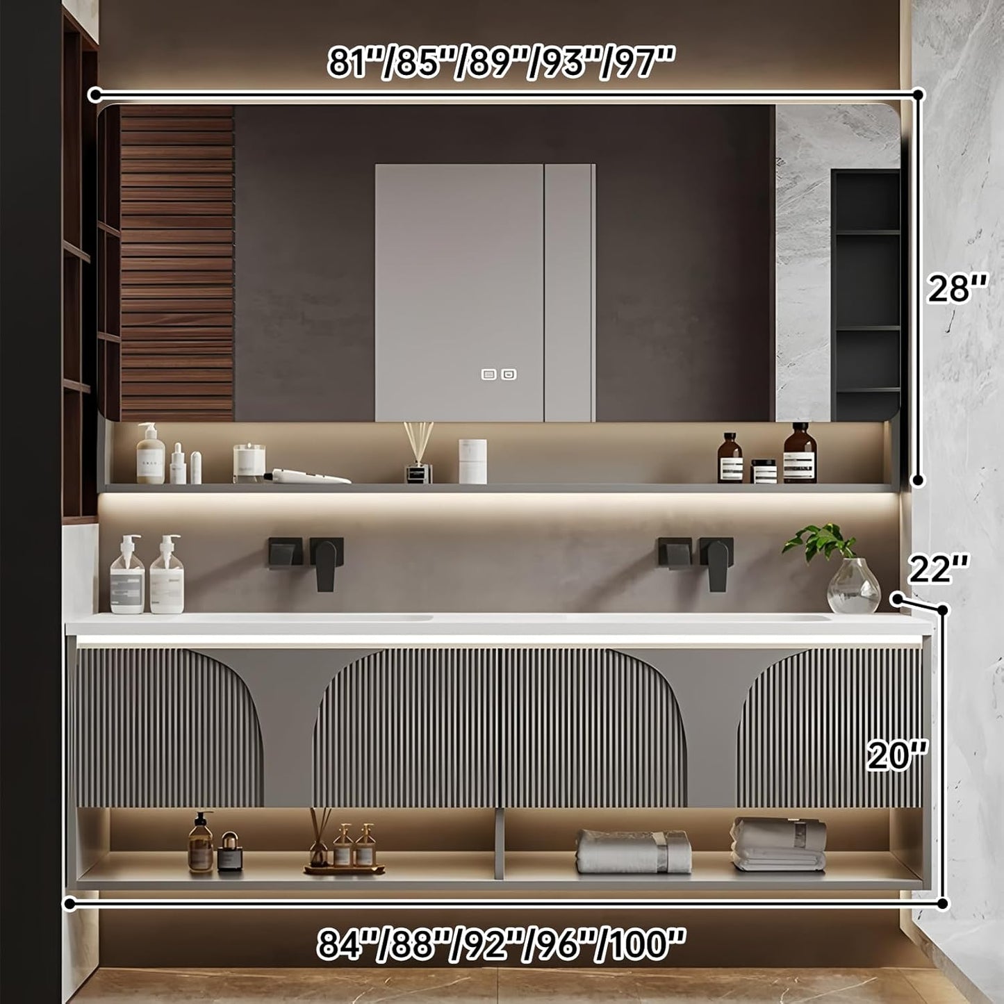 Double Bathroom Vanity with Sink, 88IN Floating Bathroom Vanity Set with Smart Defogging Mirror Cabinet and Open Shelf, Oak Wood Bathroom Cabinet with Two Drawers and Bottom Open Storage (Grey)