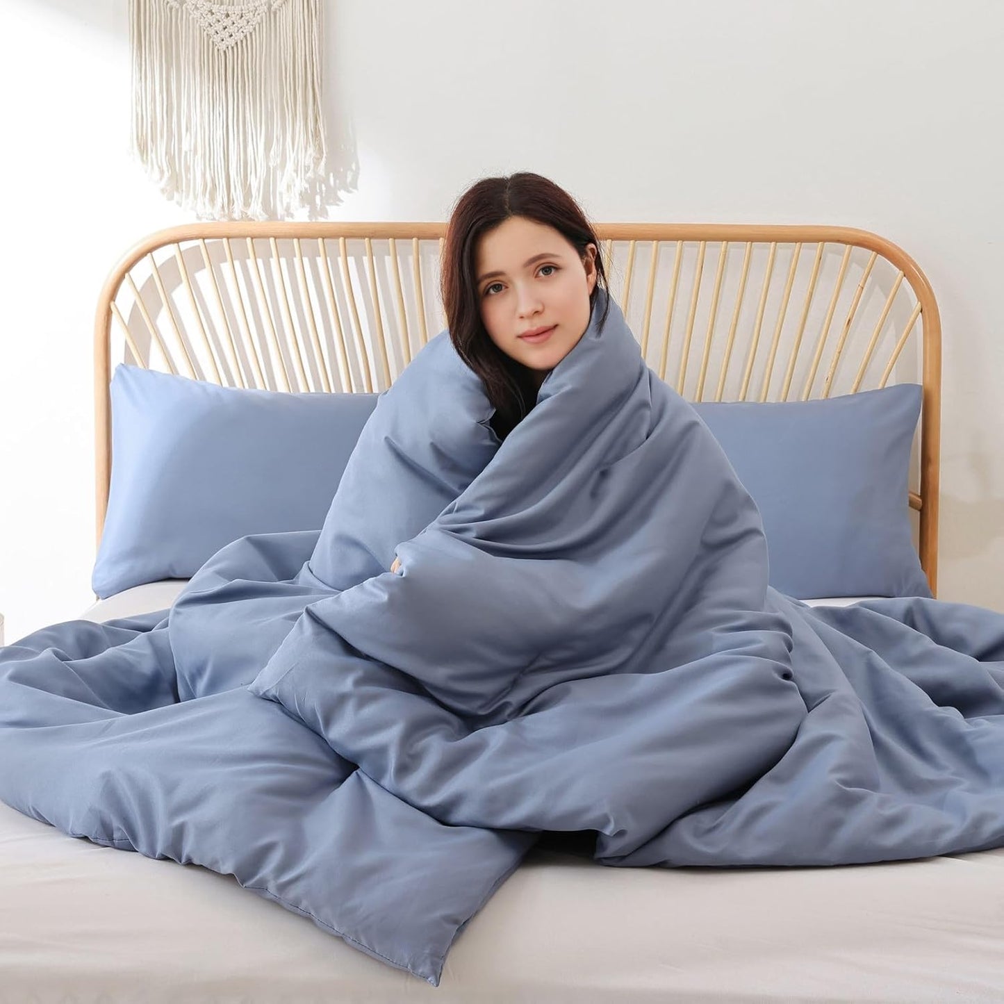 ROSGONIA Queen Comforter Set Slate Blue, 3pcs Queen Size Comforter(1 Boho Blue Comforter & 2 Pillowcases) All Season Lightweight Bedding Blanket Quilt