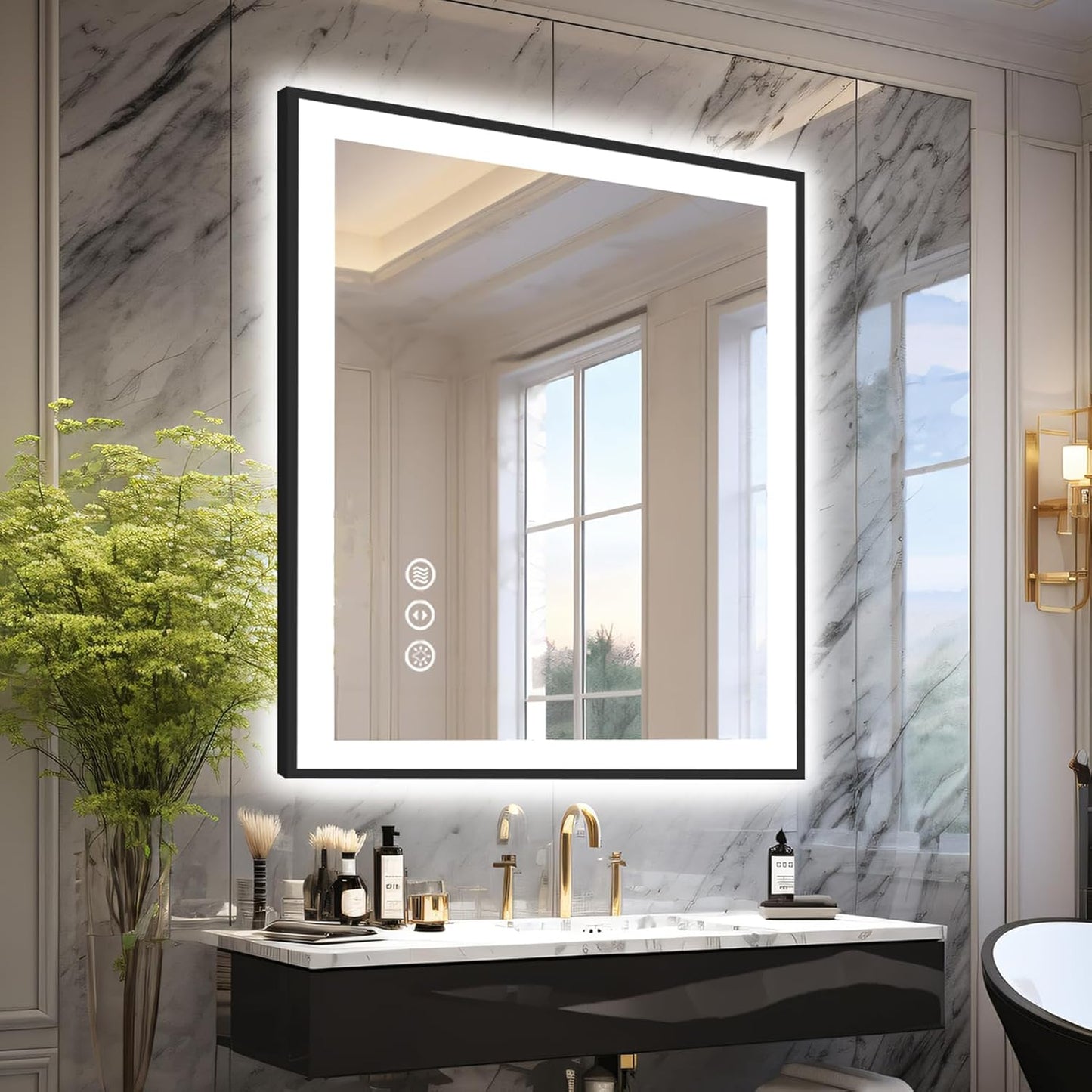32x36 LED Mirror for Bathroom, Black Metal Framed, Vanity Mirror with Lights, 3 Color Modes, Dimmable CRI90+, Double Lights, Anti-Fog, Shatter-Proof, Waterproof, Memory (Horizontal/Vertical)