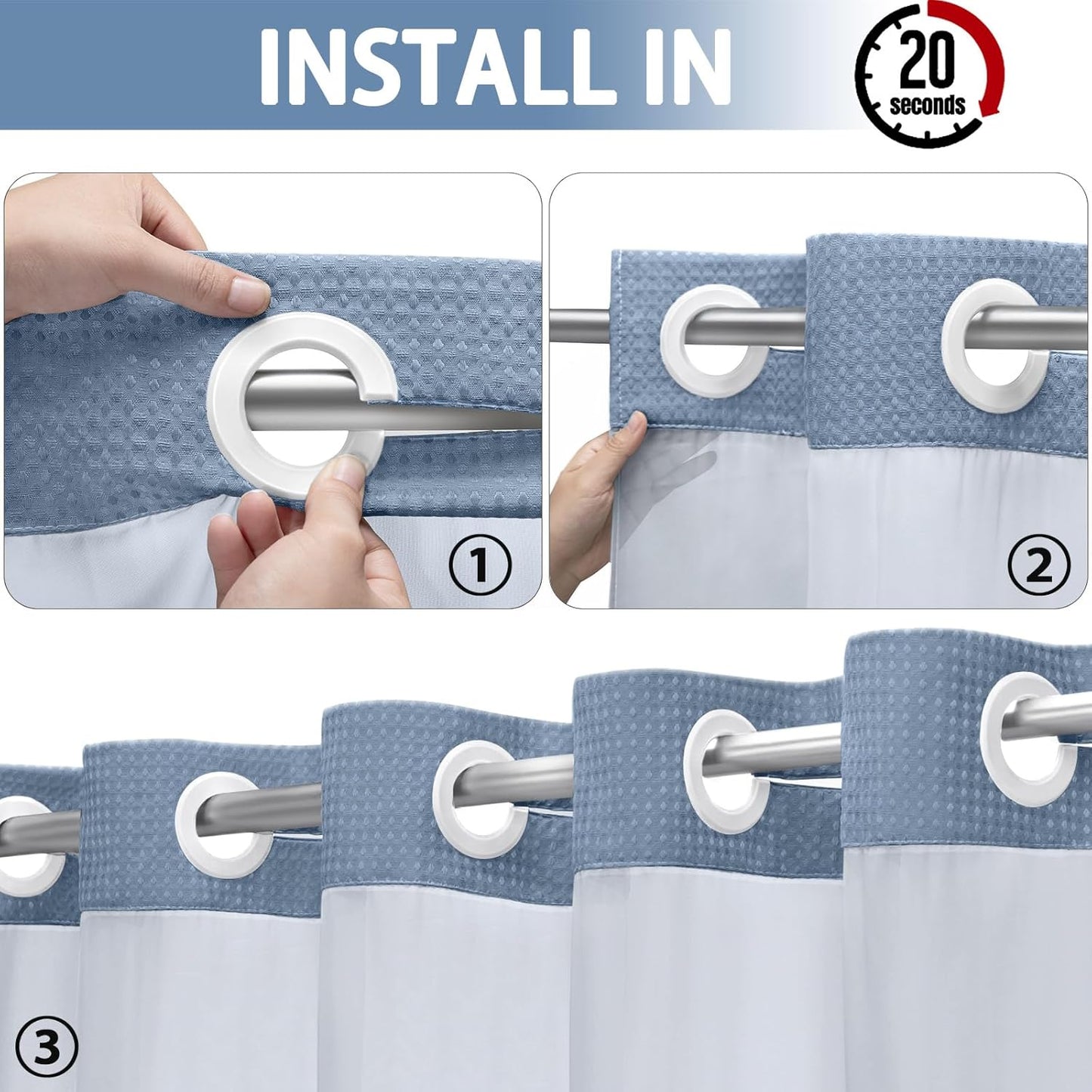 YellyHommy No Hook Shower Curtain with Snap in Liner Set Less Time Waffle Shower Curtain for Bathroom 75" L x 72" W Sky Blue