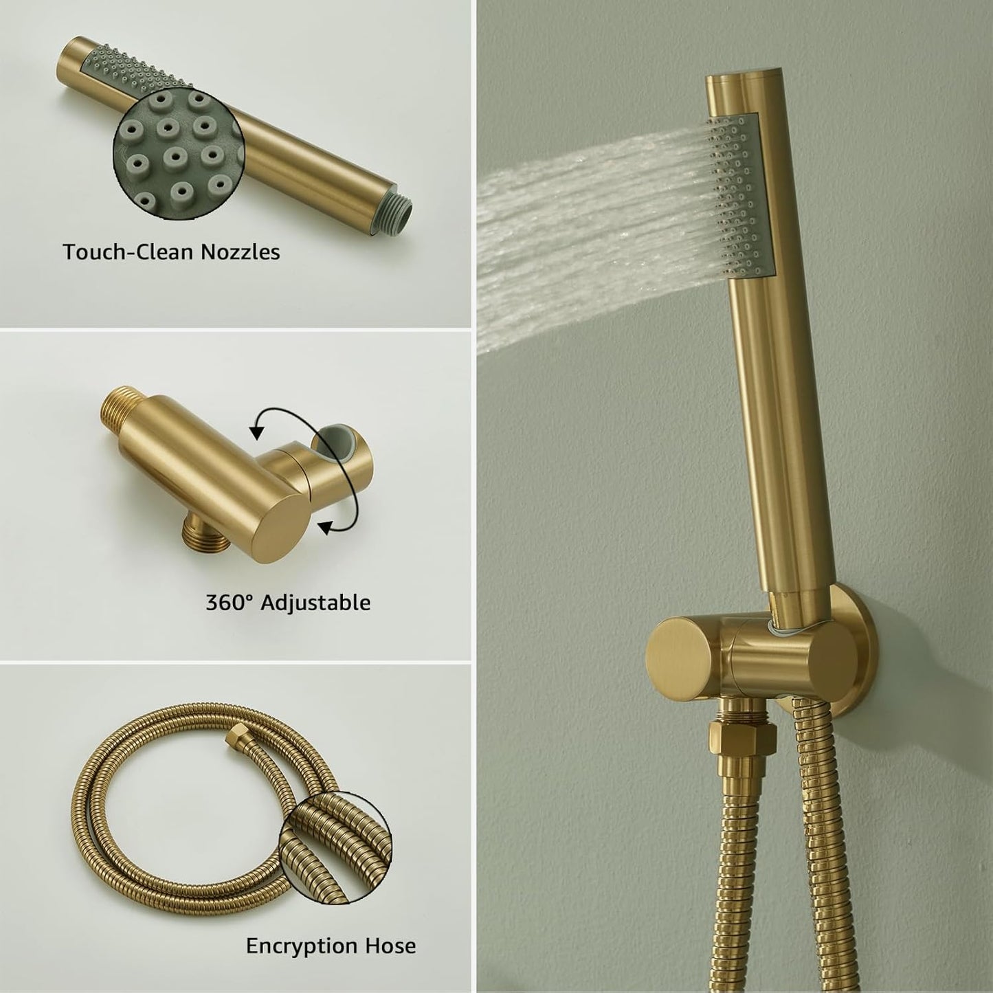 Iriber Brushed Gold Shower System Wall Mounted Shower Faucet Mixer Set with 10 Inches Rain Shower head and Handheld, Bathroom Shower Trim Kit Contain Pressure Balance Valve Cartridge