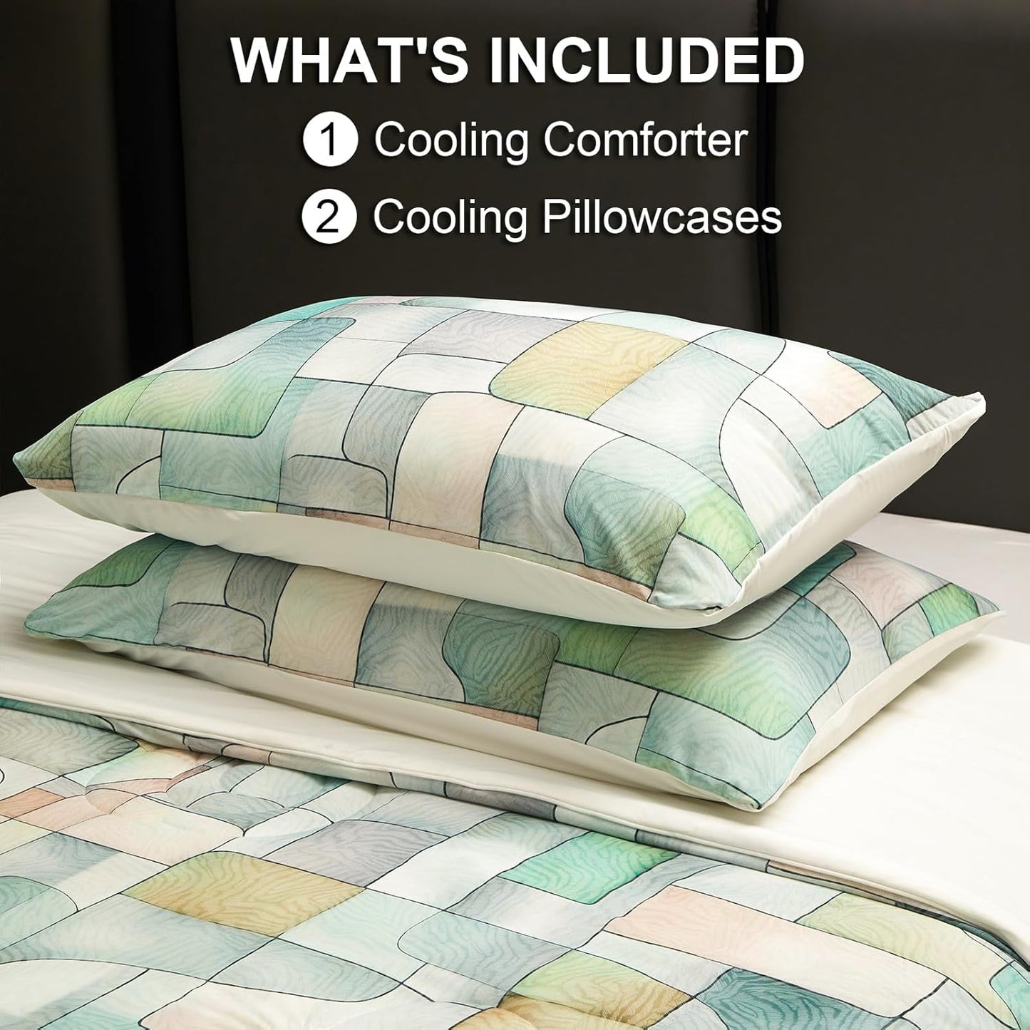 Cyusri Print Cooling Comforter Set 3Pcs Breathable Cool Queen Size Bedding Set with 2 Pillowcases Green Geometric Pattern Silky Cold Quilt, 90"x90"