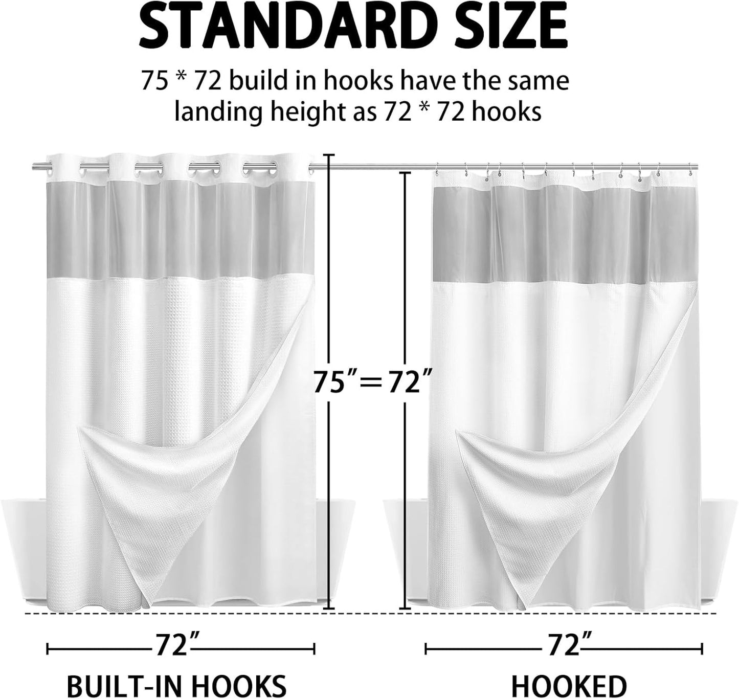 YellyHommy No Hook Shower Curtain with Snap in Fabric Liner Set Less Time White Waffle Shower Curtain for Bathroom 75" L x 72" W
