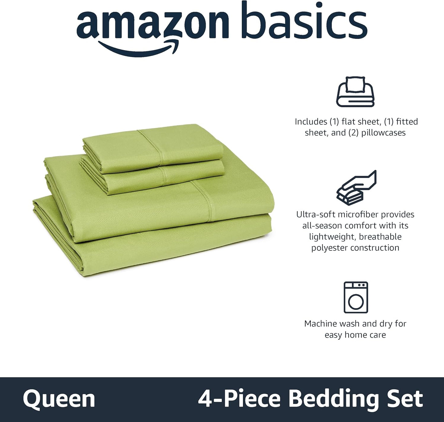 Amazon Basics Lightweight Microfiber 4-Piece Bed Sheet Set, Oliver Light, Solid, Queen
