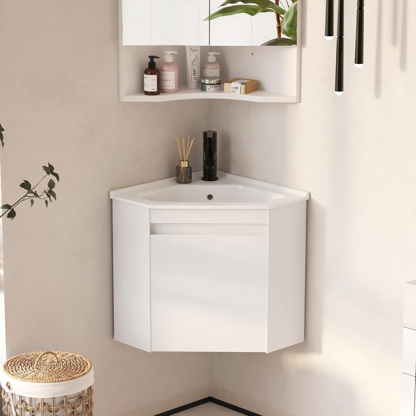 Corner Bathroom Vanity Sink Cabinet 24", Wall Mount Floating for Small Bathroom, White Ceramic Top (Faucet Not Included) (Flat Panel)