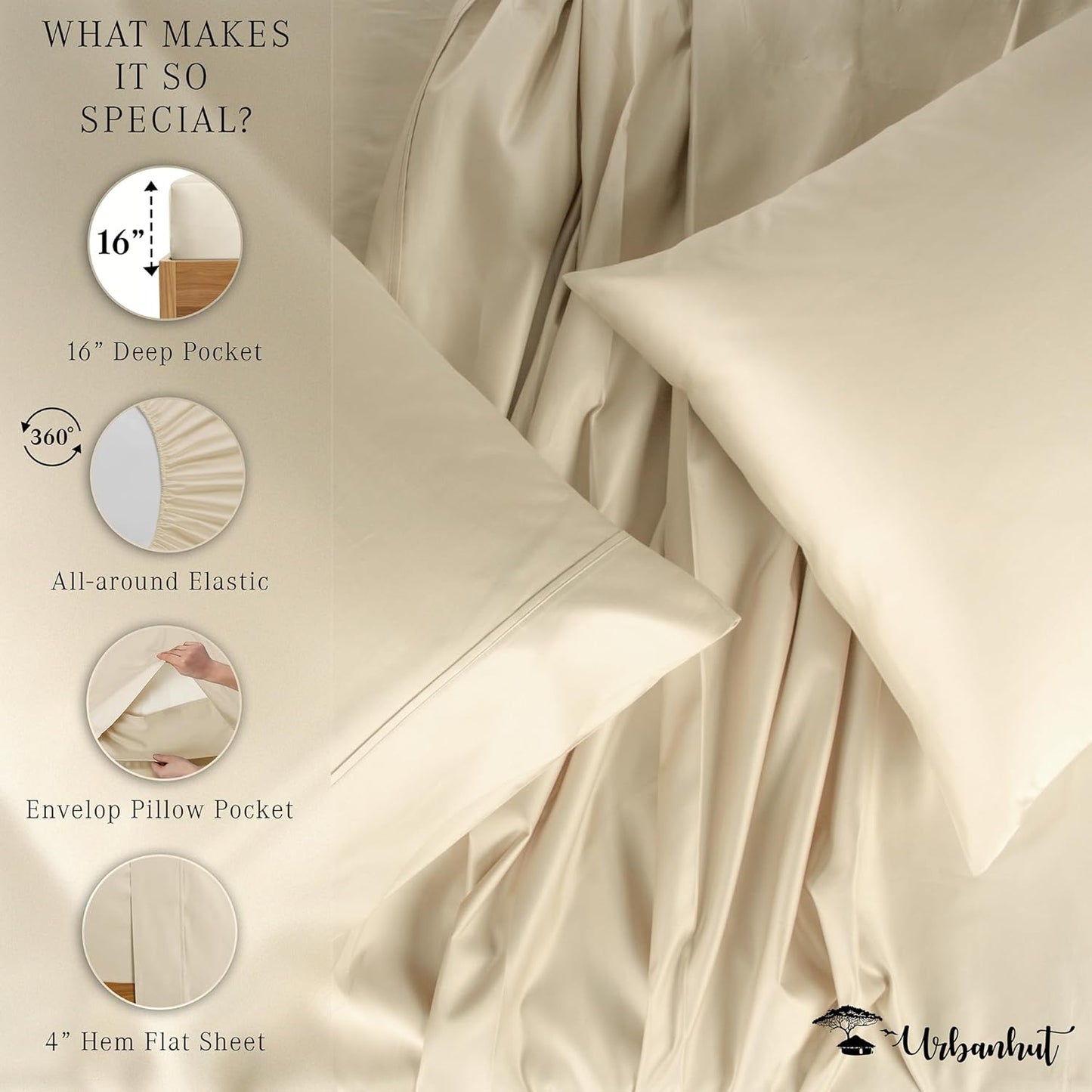 URBANHUT 1000 Thread Count Egyptian Cotton Twin Sheets, Long Staple Soft & Breathable, 3 Pc Bed Sheet Sets, Luxury Hotel Sateen Sheets Fits 16" Deep Pocket - Ivory