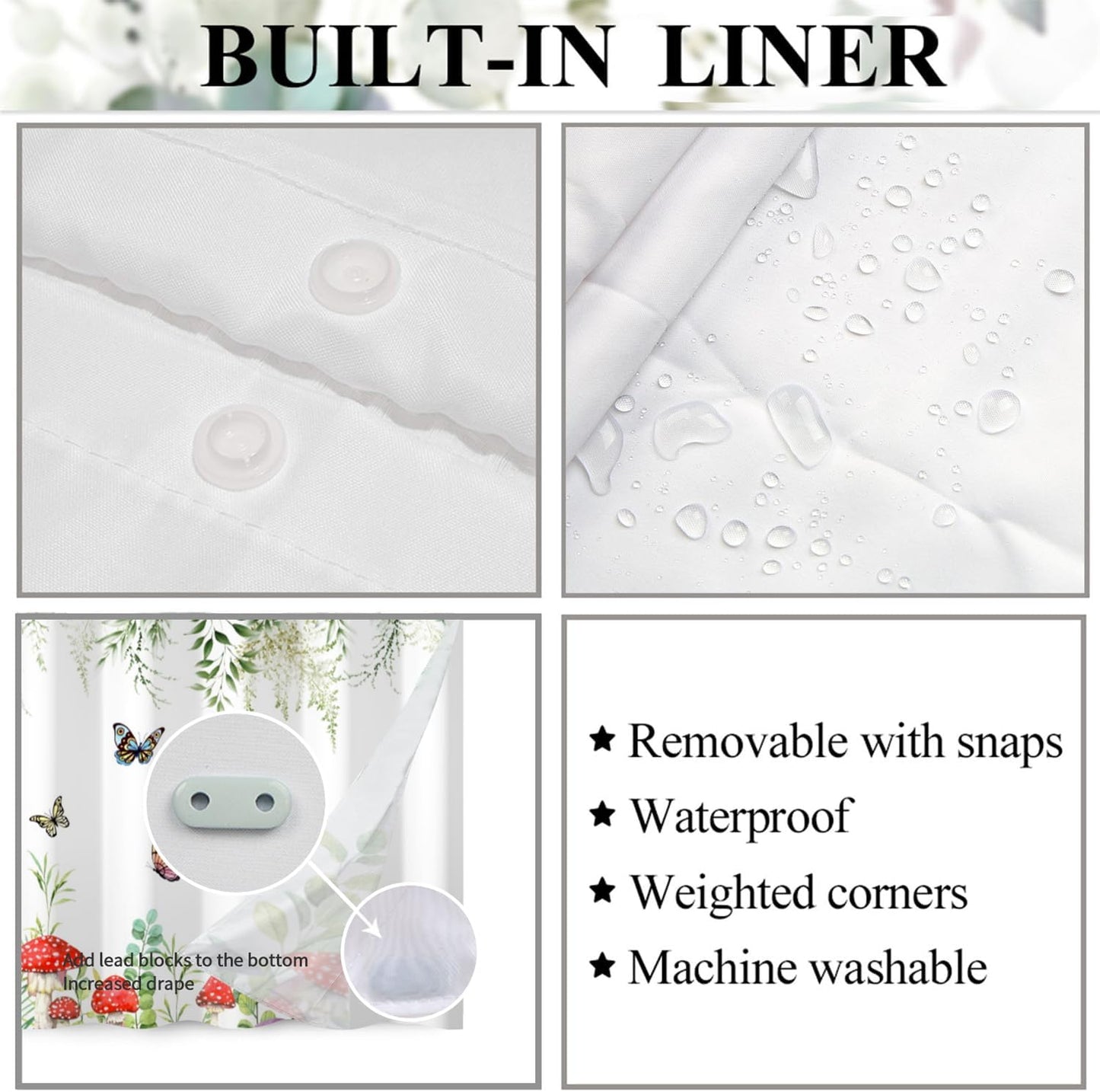 Spring Shower Curtain No Hooks with Snap-in Fabric Liner Set,Green Leaf Mushroom Butterfly Shower Curtain for Bathroom,Hotel Decor Waterproof Shower Curtains,with See Through Top Window,71W x 74H
