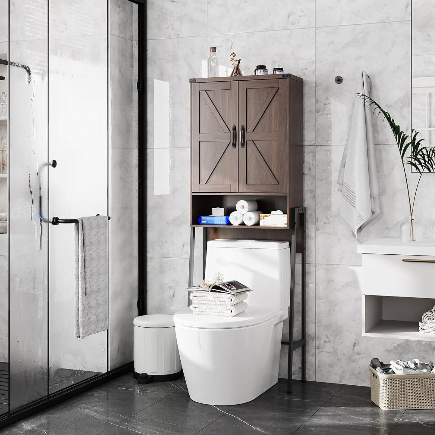 Over The Toilet Storage Cabinet with 2-Door Design Bathroom Organizers and Storage with Anti-Tip Device Over Toilet Organizer with Shelves for Bathroom,Restroom,Laundry Espresso