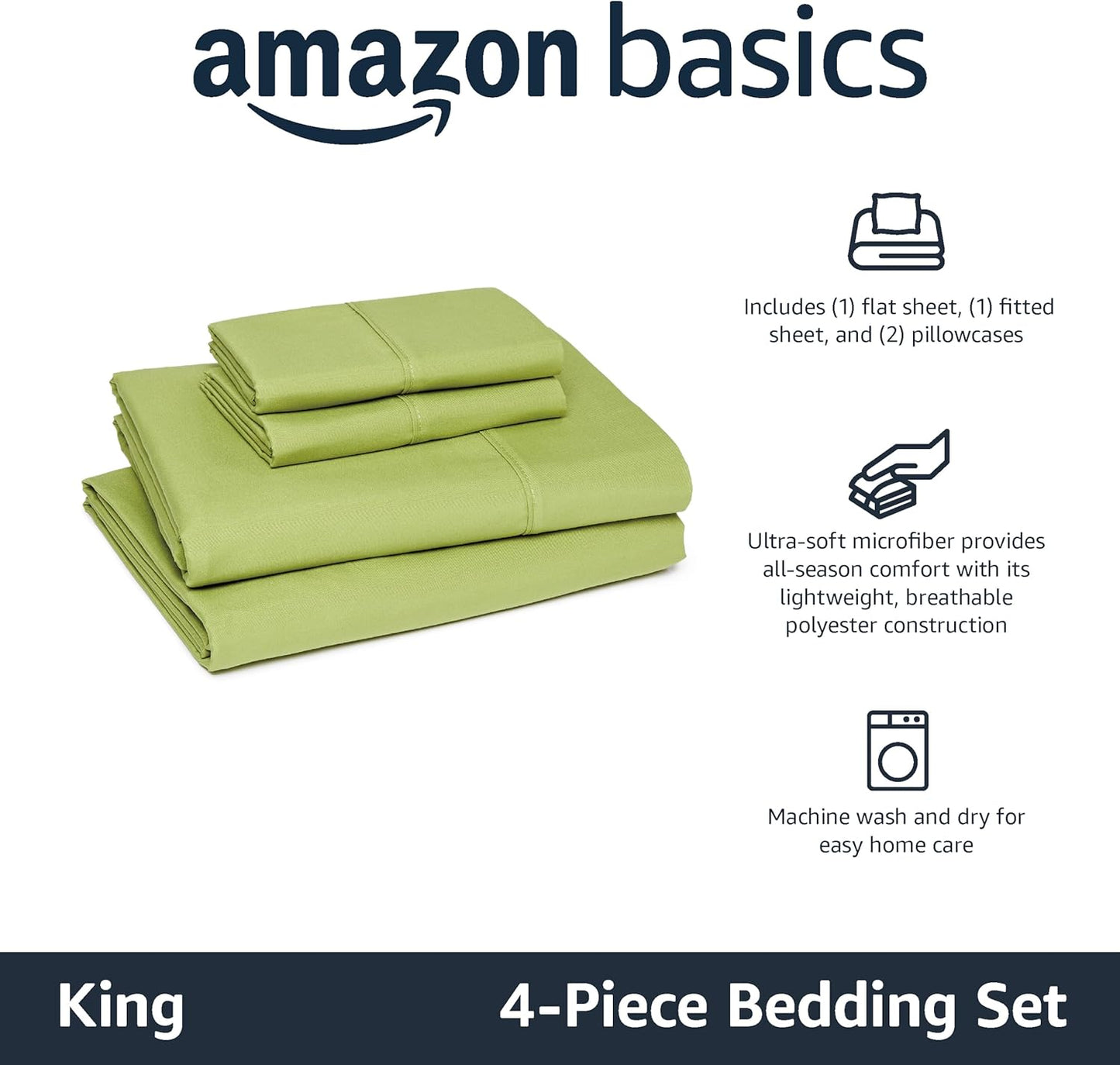 Amazon Basics Lightweight Microfiber 4-Piece Bed Sheet Set, Oliver Light, Solid, King
