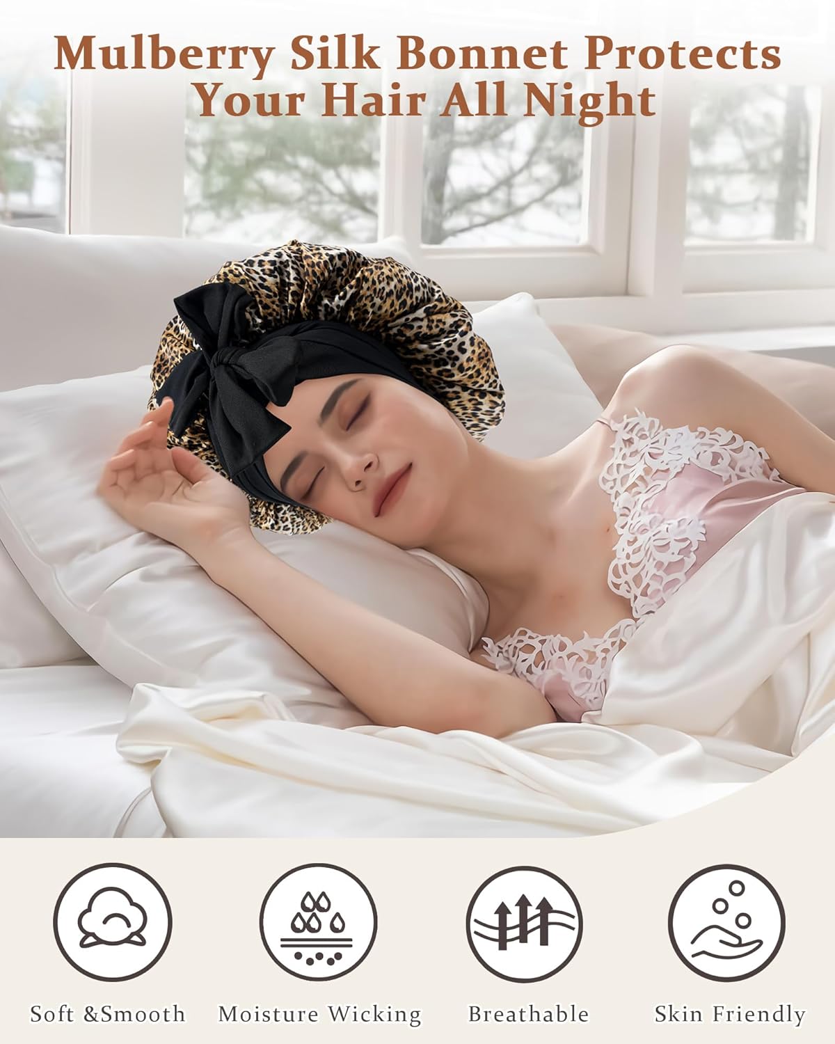 100% Mulberry Silk Bonnet for Sleeping Women Double Layer Silk Hair Bonnet Natural Sleep Cap with Elastic（Black + Leopard）