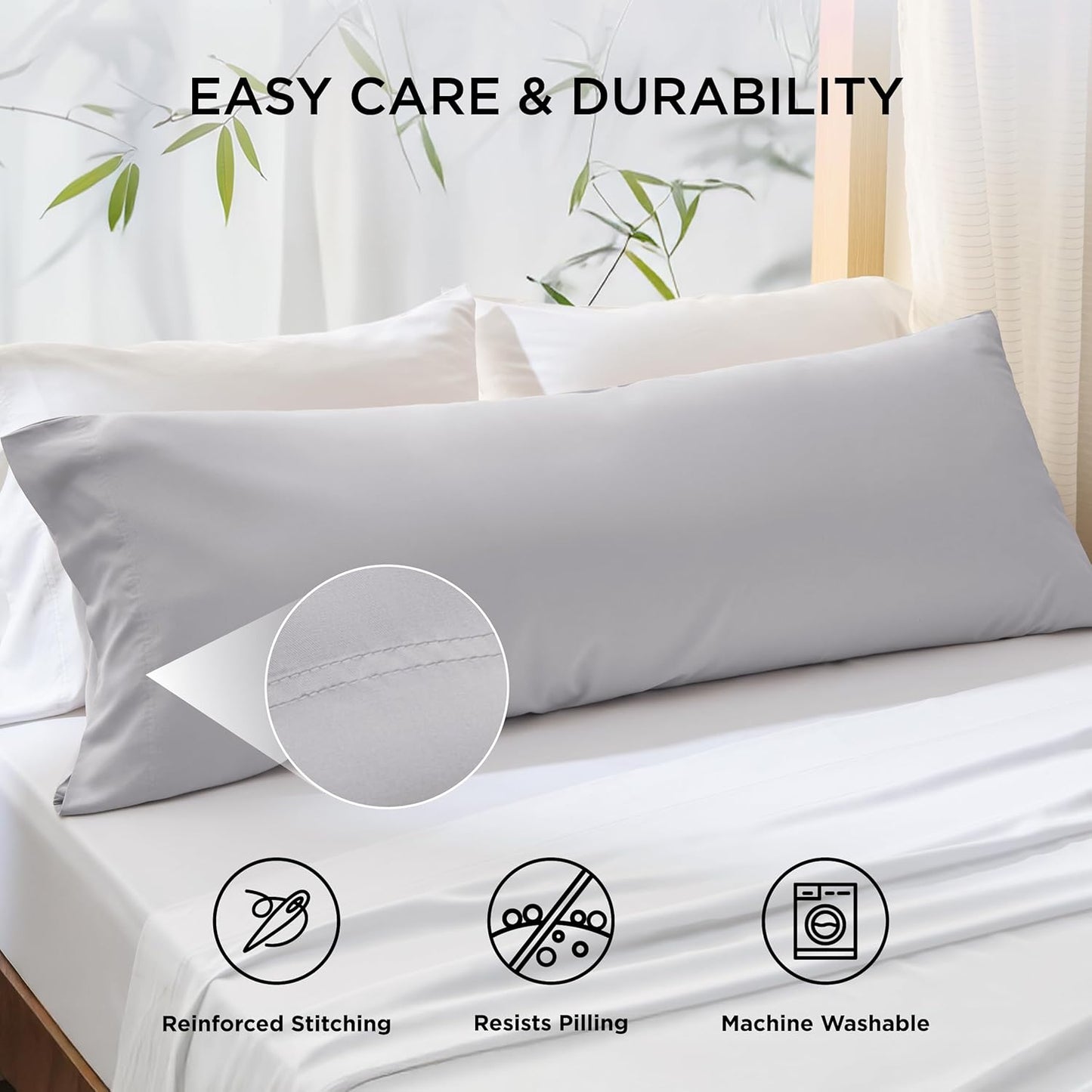 Bedsure Body Pillow Cover, Cooling Body Pillow Pillowcase for Hot Sleepers, Rayon Derived from Bamboo, Breathable & Silky Soft Long Pillow Case Cover with Envelope Closure, Light Grey, 20x54 Inches