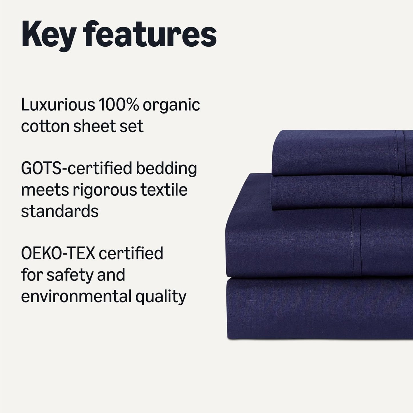 Amazon Basics Soft Organic Cotton Sheet Set with 2-Pieces Pillowcase, Navy Blue, King