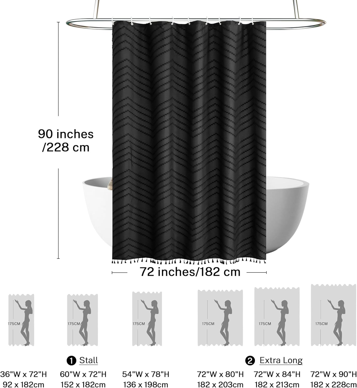 Extra Long Black Boho Shower Curtain with Tassel, Woven Fabric 72 x 90, Tufted Chevron Striped, Modern Chic Textured Minimalist