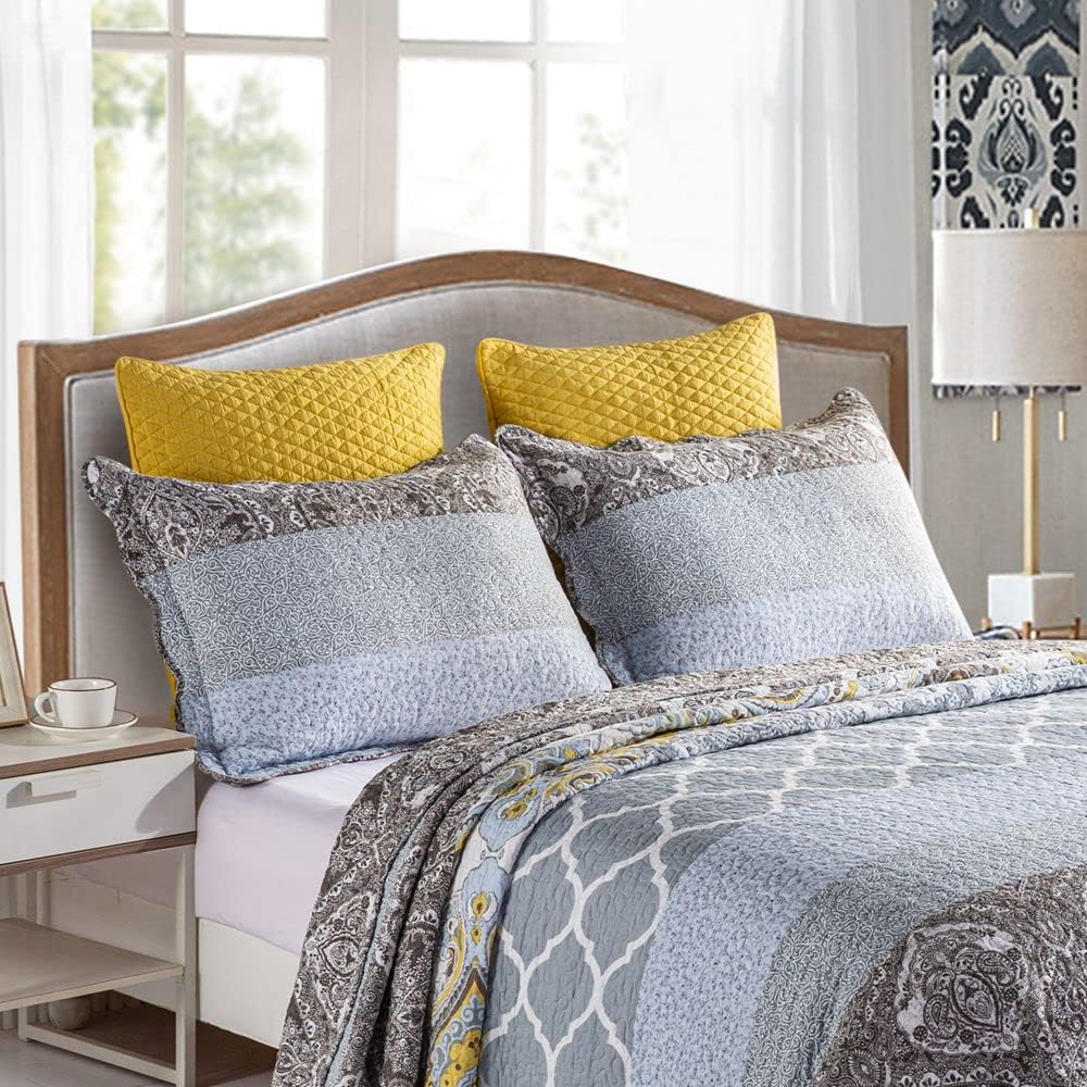 YAYIDAY Quilts Queen Size Patchwork Bedspread Set - 100% Cotton Reversible Breathable Grey Quilted Quilt with Pillow Shams Fit All Seasons