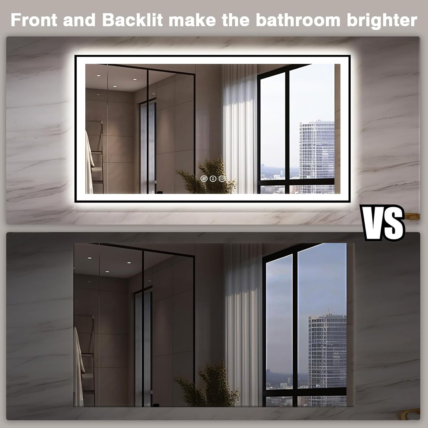 55x30 LED Bathroom Mirrors for Wall -Black Aluminum Framed (Front and Backlit), Anti-Fog Vanity Mirror With Lights,Stepless Dimmable Lighted Mirror,3 Colors Smart Mirror(Horizontal/Vertical)