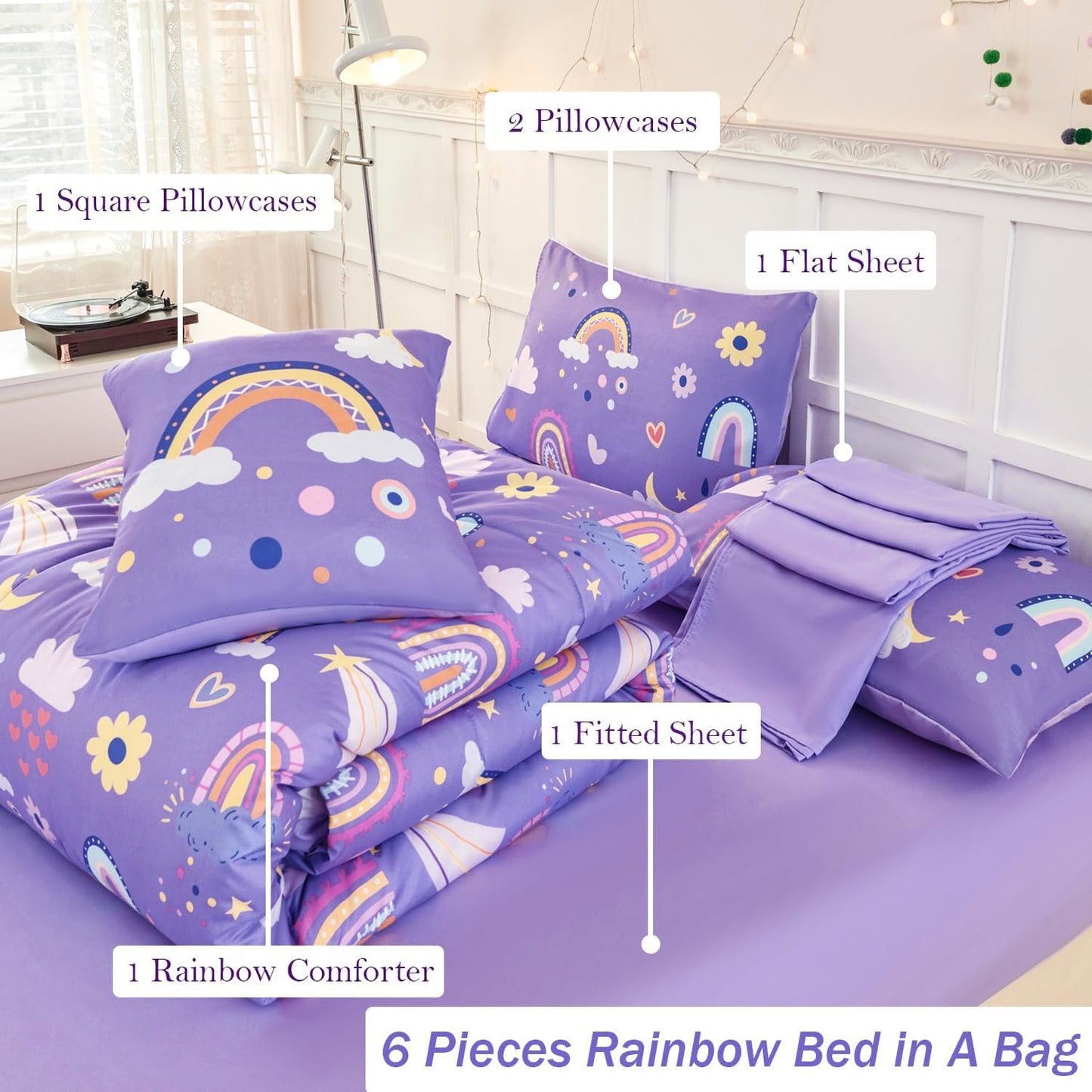ANGIYUIN Purple Kids Full Size Bedding Set Colorfurl Rainbow and Clouds Girls Bed in A Bag with Sheets Cartoon Saleboat Stars Kid Bed Set for Girl Soft Microfiber Comforter Set, Purple, Full