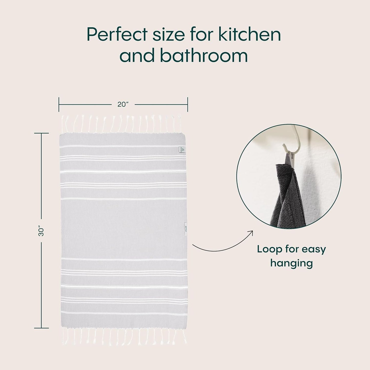 WETCAT Turkish Hand Towels with Hanging Loop, Set of 2 (20" x 30") 100% Turkish Cotton, Pre-Washed, Quick Drying, for Kitchen or Bathroom - Light Grey