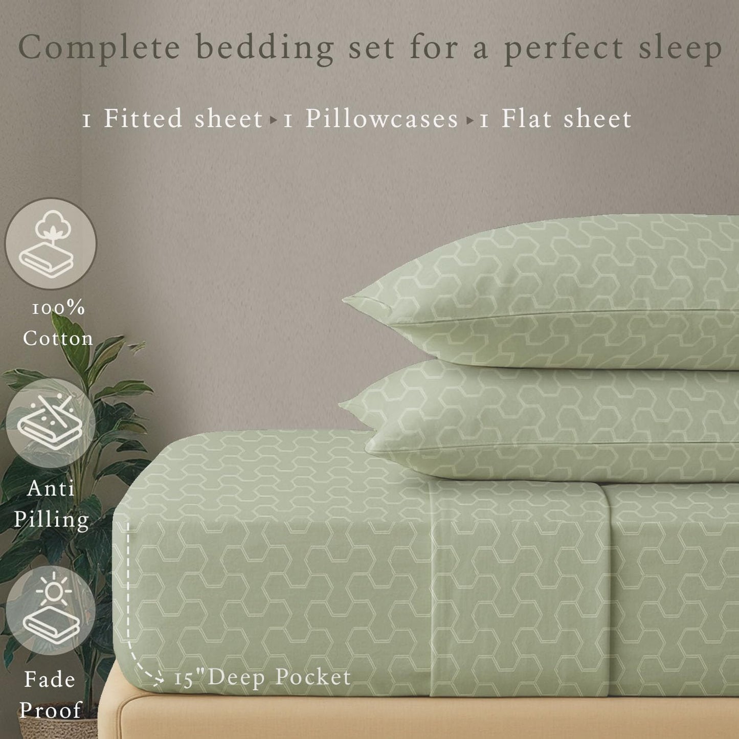 Threadmill 500 Thread Count Twin Size 3 Pc Luxury Cotton Bedding Set, Jacquard Floria Sage Green, Damask Sheets with 15" Elasticized Deep Pocket, 1 Pillowcase & Free Tote Bag