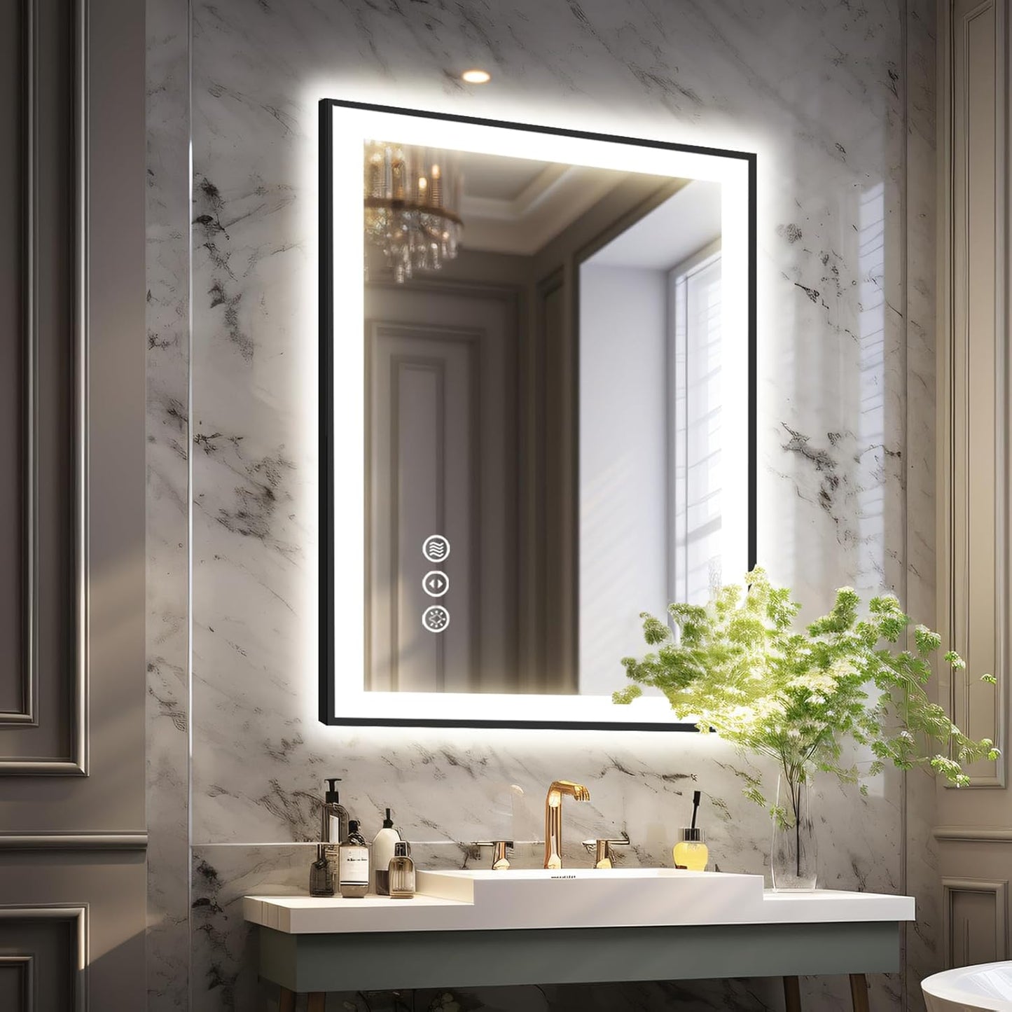 24x32 LED Bathroom Mirror, Black Aluminum Framed, Backlit + Front-Lit, 3 Colors Temperature Changeable, Dimmable Vanity Mirror, Tempered Glass, Defog, Waterproof, Memory (Horizontal/Vertical)