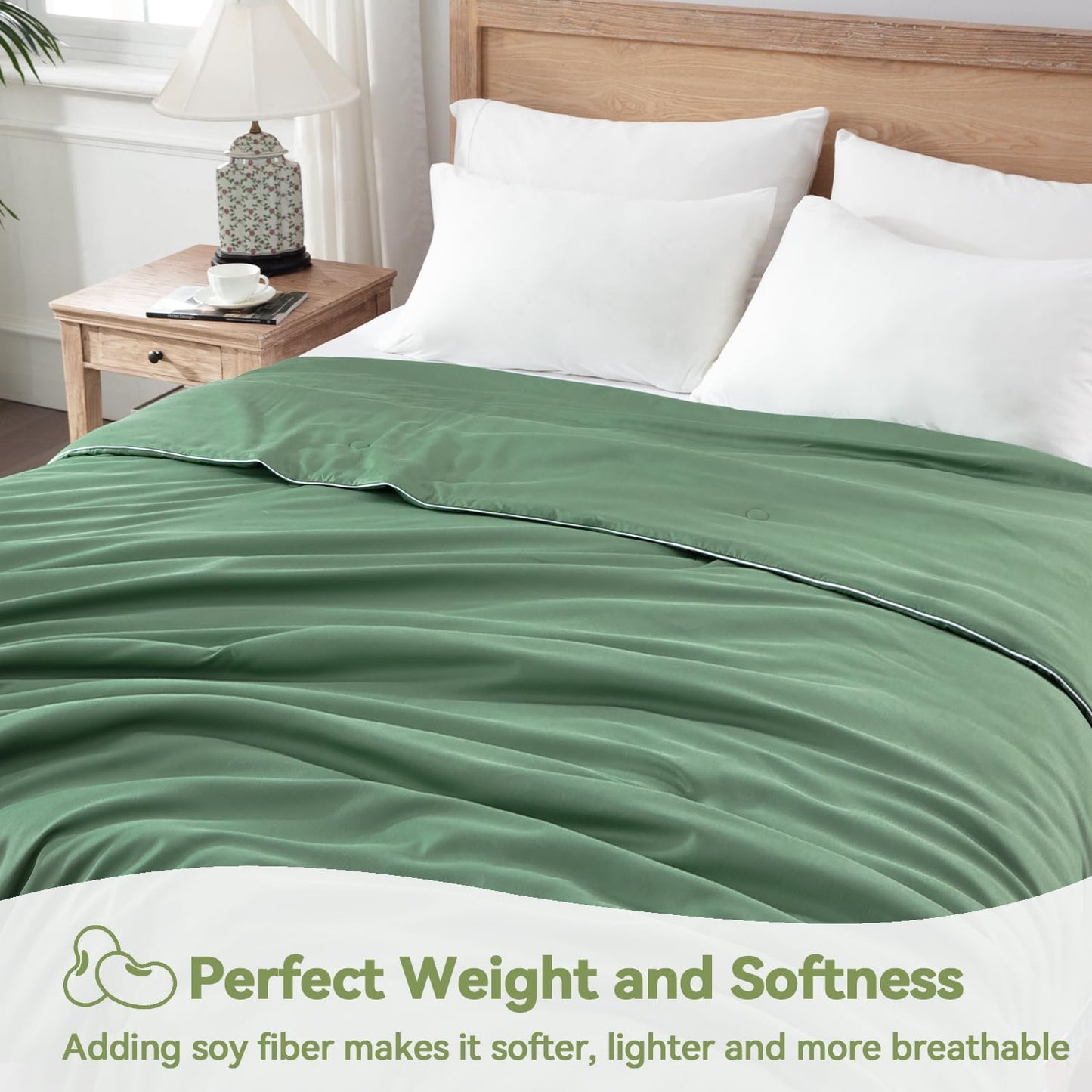 Globon Lightweight Comforter King Size,Summer Blanket for Hot Sleepers Keep Cool,Silk Soft Bamboo Viscose Shell,Organic Breathable Fill,Double Stitch,Sage Green