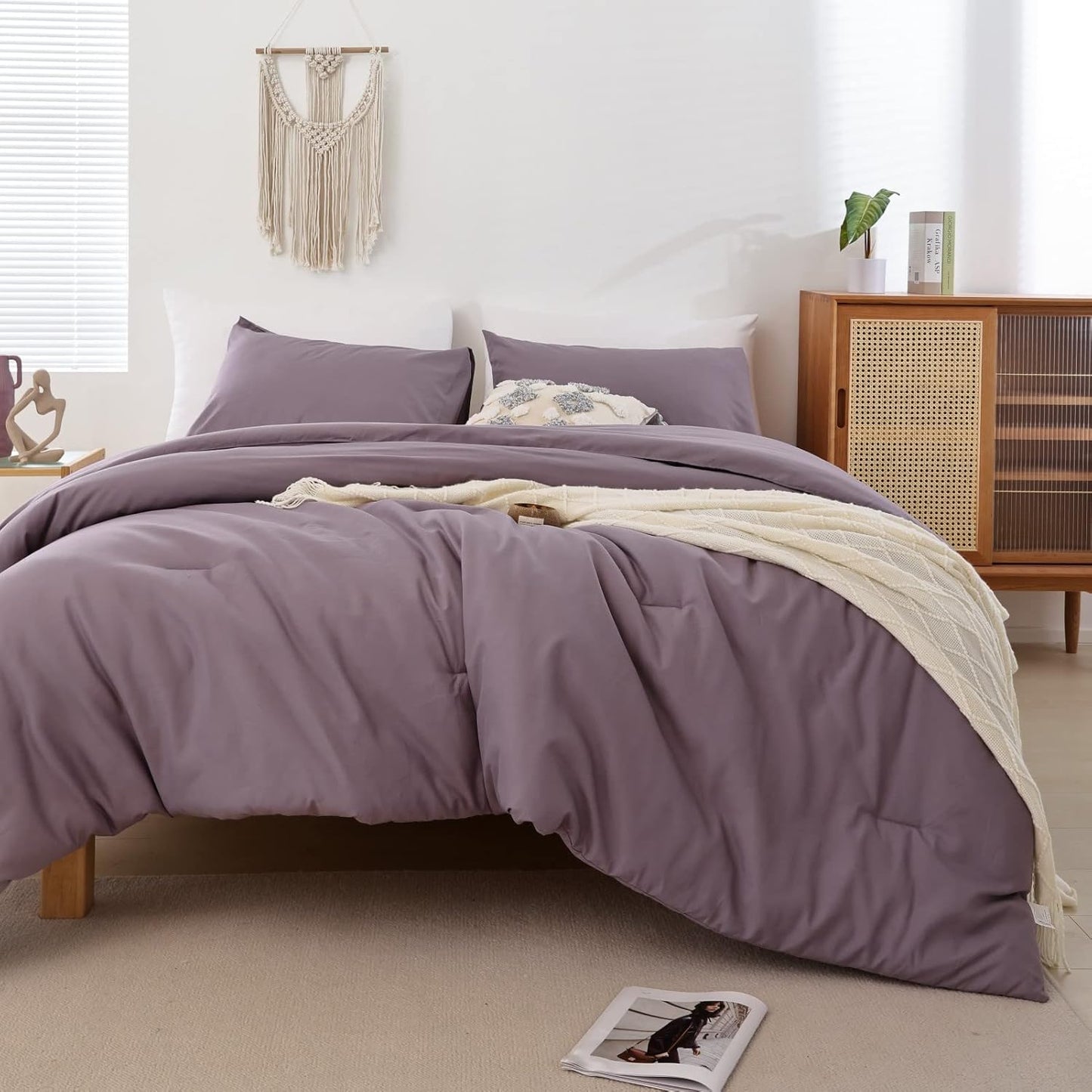 ROSGONIA California King Comforter Set Dusty Purple, 3pcs (1 Boho Cal King Comforter & 2 Pillowcases) All Season Bedding Bedspread Blanket Quilt