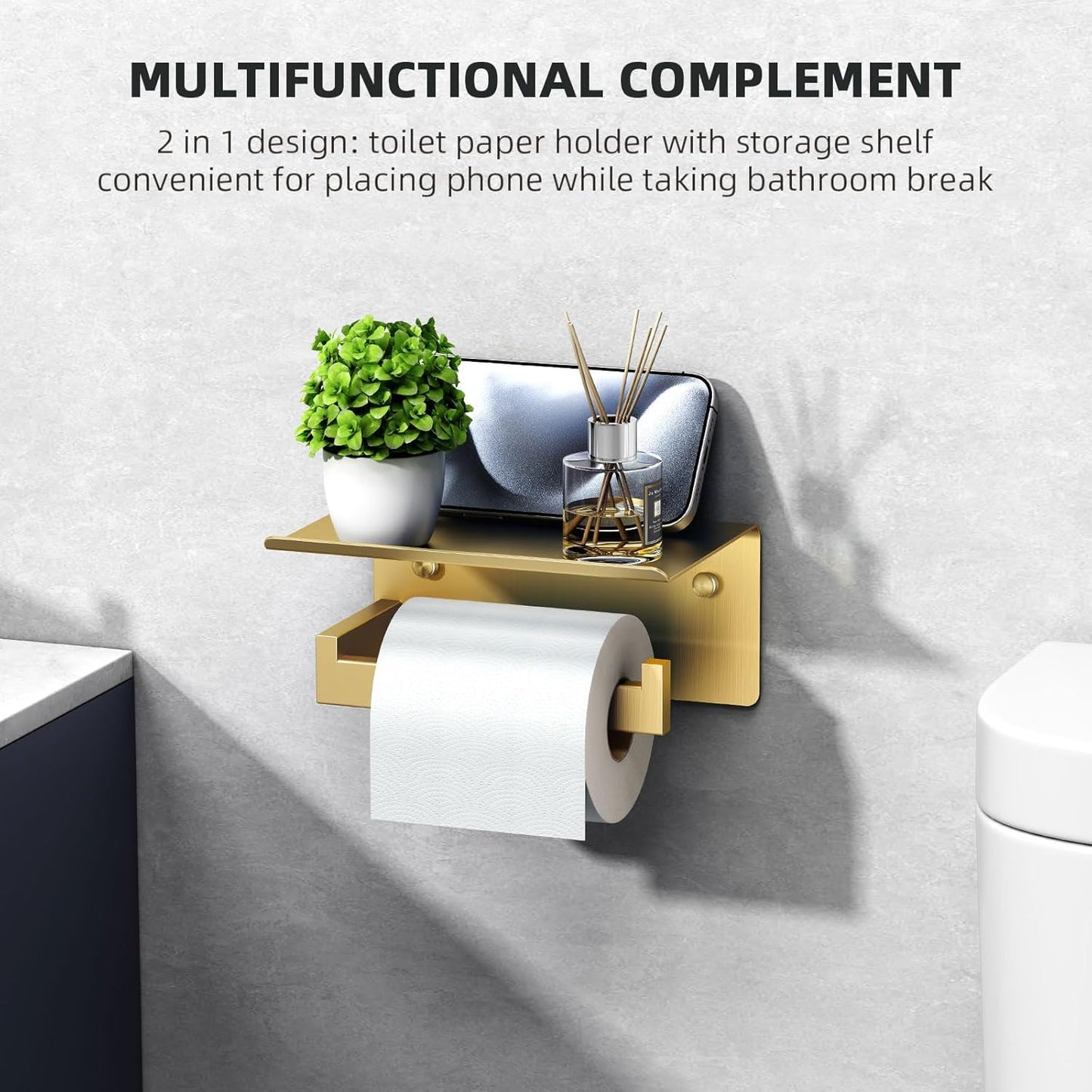 Angle Simple Toilet Paper Holder with Shelf, 304 Stainless Steel Bathroom Tissue Roll Holder for Wall Brushed Gold