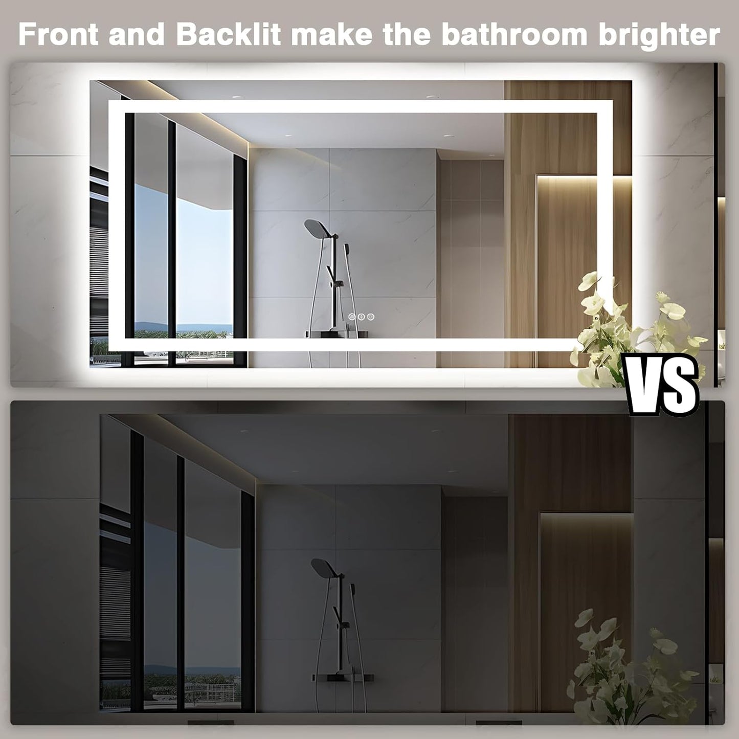 60"x30" Large LED Bathroom Vanity Mirror with Front Light and Backlit, Anti-Fog Illuminated Bathroom Mirror, Stepless Dimmable LED Mirror, 3 Colors Smart Mirror (Horizontal/Vertical)