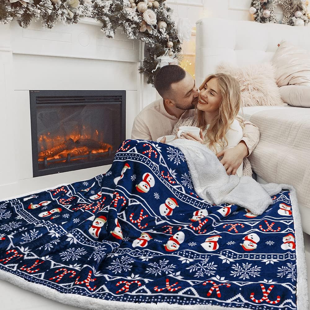 PAVILIA Premium Christmas Sherpa Throw Blanket | Christmas Decoration Gift, Fleece, Plush, Warm, Cozy Reversible Microfiber Holiday Blanket | Blue Christmas - 50x60