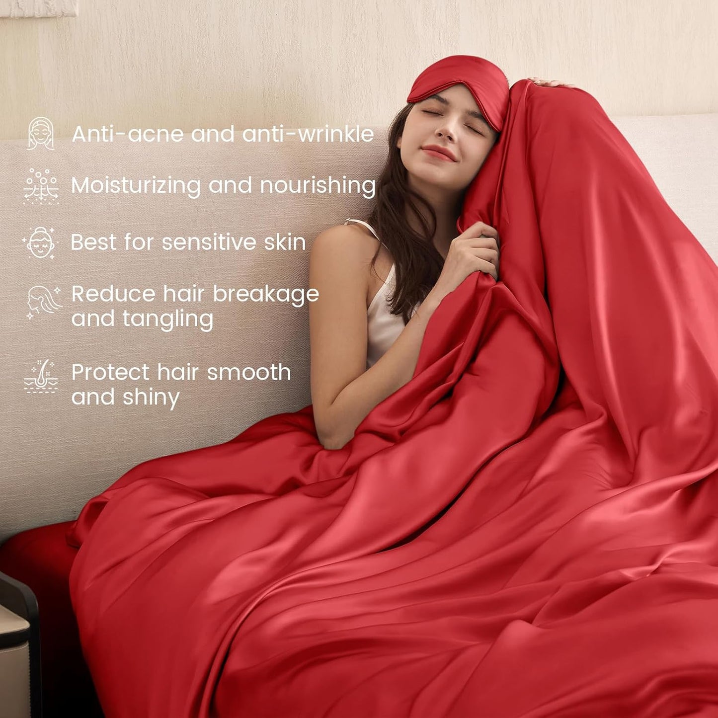 THXSILK 100% Pure Mulberry Silk Duvet Cover Set 3 Piece, 6A+ Grade Luxury Soft Bedding Silk Sheets for Hair and Skin, 1 Pcs Duvet/Quilt/Comforter Cover with 2 Zippered Pillowcases (Red, Queen)