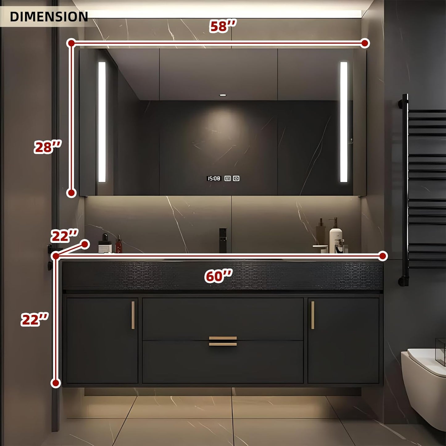 60" Floating Bathroom Vanity with Single Sink, Solid Wood Bathroom Vanity Includes LED Smart Defogging Mirror Cabinet & One-Piece Sink, Modern Vanities with Soft-Close Drawer Storage (Black)