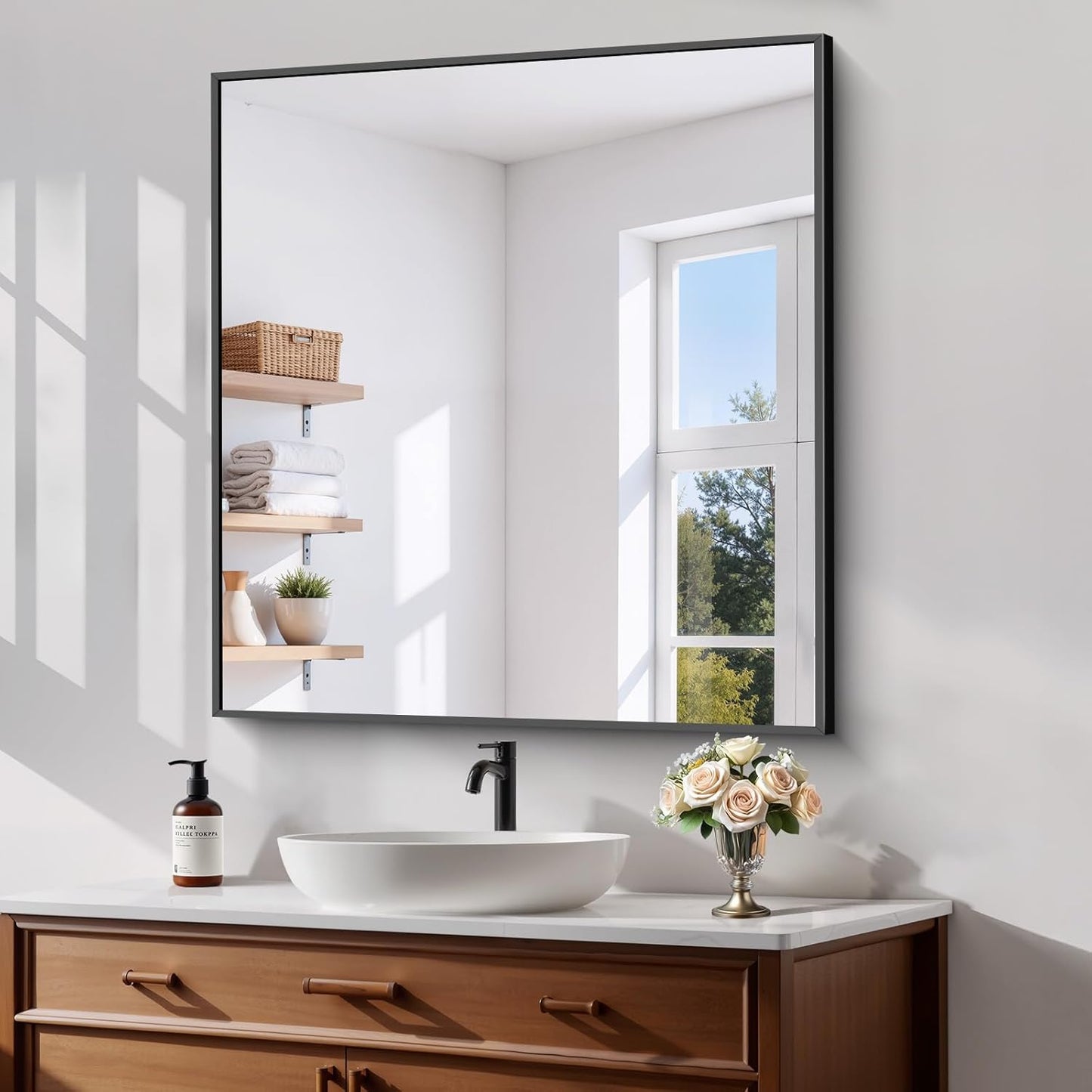 Koonmi Black Framed Bathroom Mirror - Shatterproof 36"x24" Tempered Glass, HD No Distortion, Horizontal/Vertical Mount, Modern Matte Aluminum Alloy Frame