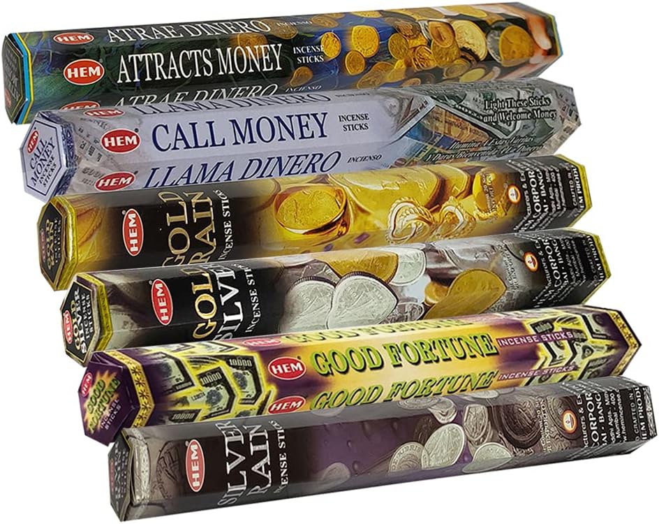 Hem Incense Sticks Variety Pack #29 and Incense Stick Holder Bundle with 6 Money and Good Luck Fragrances