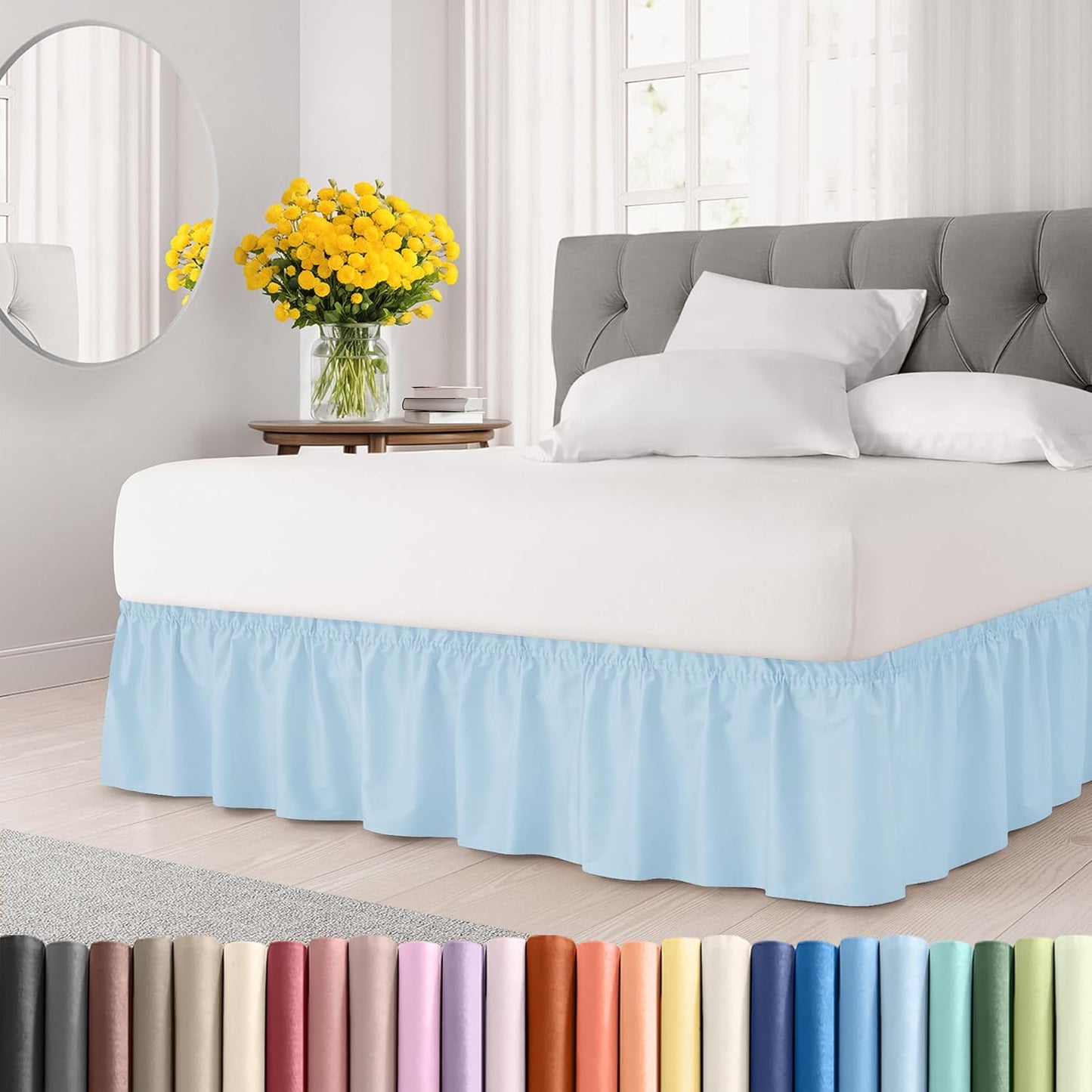 Wrap Around Dust Ruffle Bed Skirt - Light Blue - for Queen Size Beds with 21 Inch Drop - Elastic Strap - Adjustable Pleated Bedskirt with Brushed Fabric and Wrinkle Free - For Women, Men, Kids & Teens