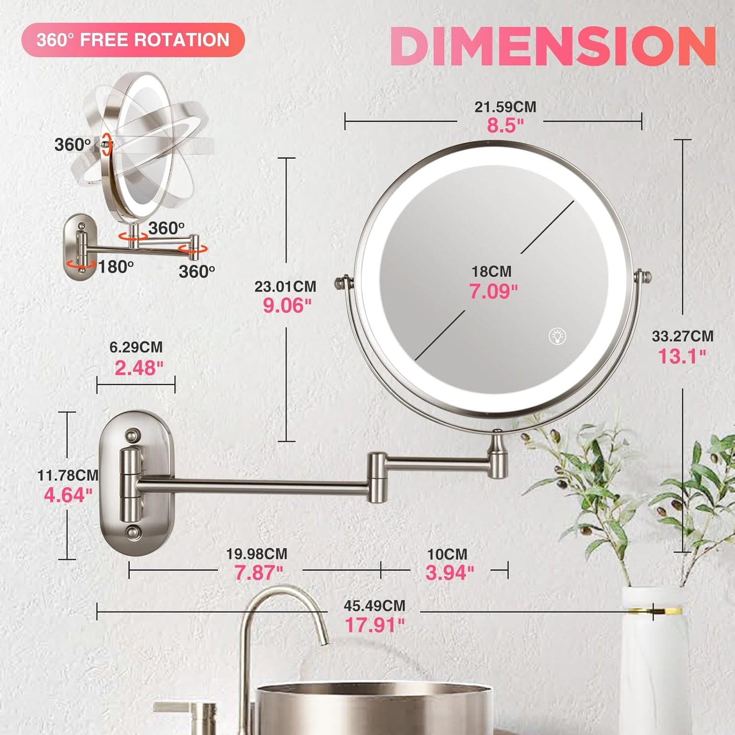 20X Magnifying Mirror with Light: 8.5 Inch Lighted Makeup Mirror, Wall Mount, 360 Rotation, Touch Screen, Rechargeable, Brushed Nickel