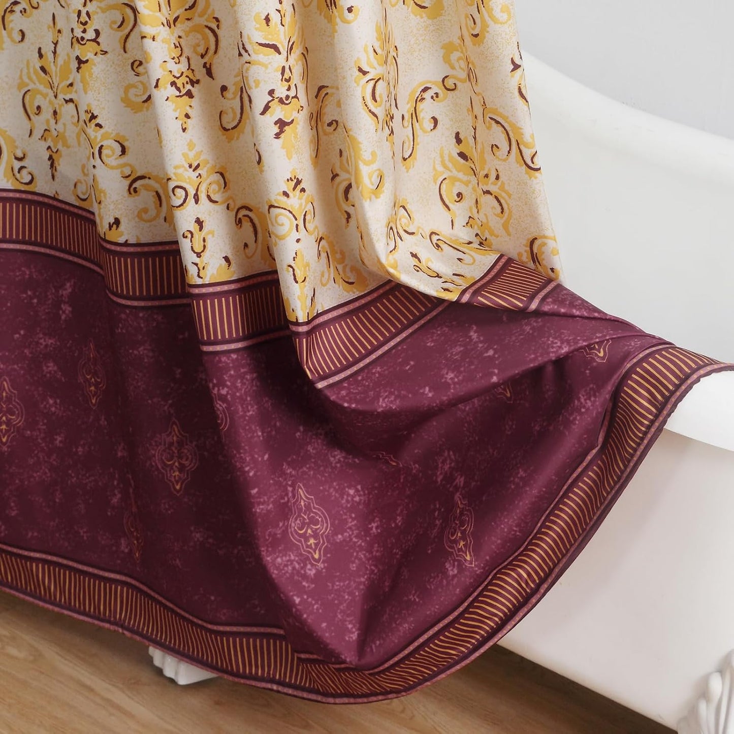 Stall Fabric Shower Curtain, Burgundy and Gold Damask Print Narrow Cloth Shower Curtains for Bathroom, Classic Baroque Bathroom Small Curtains, 54" W x 72" H
