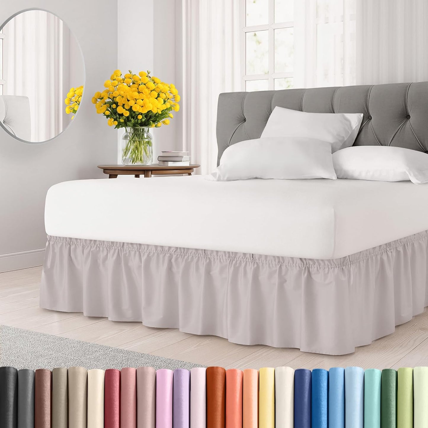 Wrap Around Dust Ruffle Bed Skirt - Light Grey - for Full Size Beds with 24 Inch Drop - Elastic Strap - Adjustable Pleated Bedskirt with Brushed Fabric and Wrinkle Free - for Women, Men, Kids & Teens