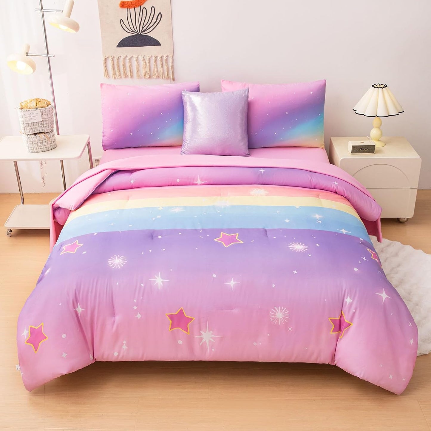 Rainbow Bedding Set Full Size – 6-Piece Reversible Girls Comforter with Deep-Pocket Sheet, Gradient Galaxy Design, Whole-Piece Filling, Machine Washable Bed-in-a-Bag for Kids Room Makeover & Gifts