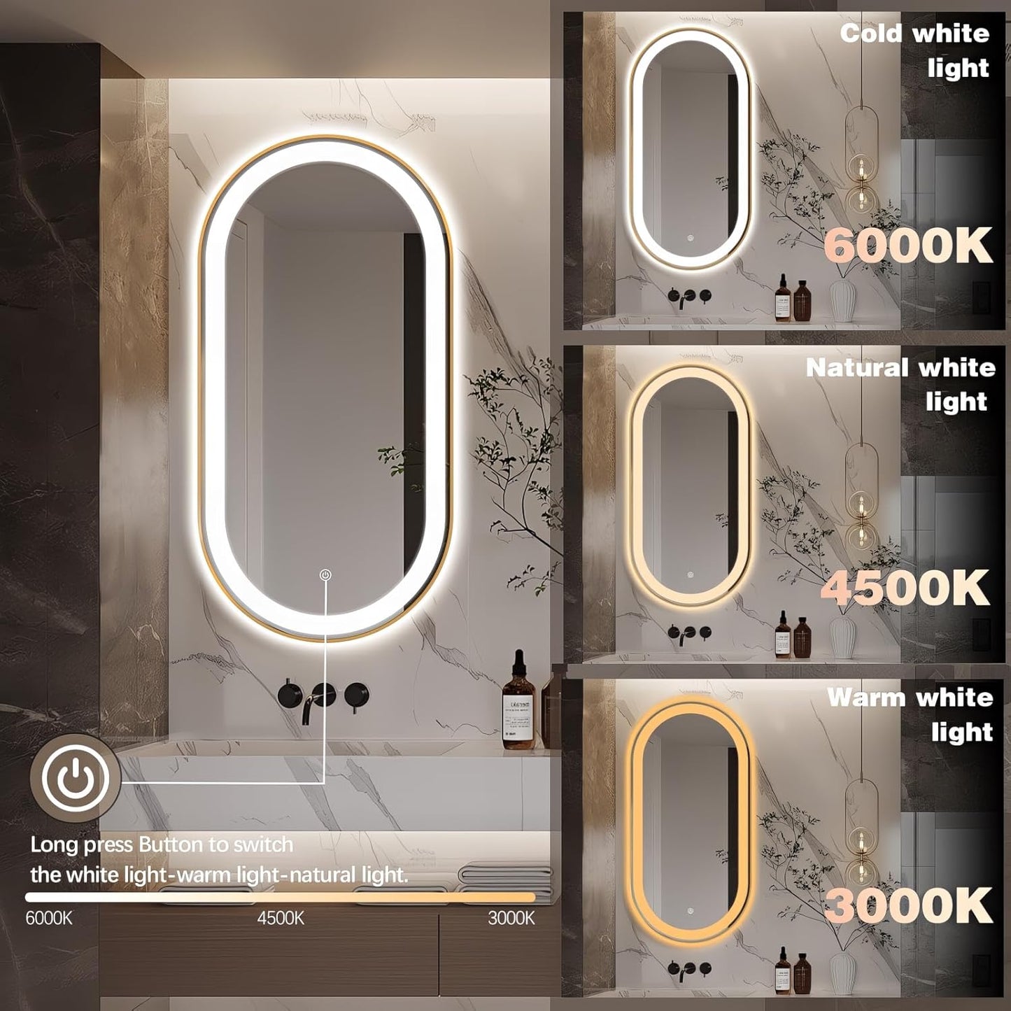 51" x 27" Oval LED Bathroom Mirror with Lights, Gold Metal Framed Anti-Fog LED Vanity Mirror, Lighted Bathroom Mirrors Wall Mounted, Stepless Dimmable, Shatter-Proof, Horizontal/Vertical