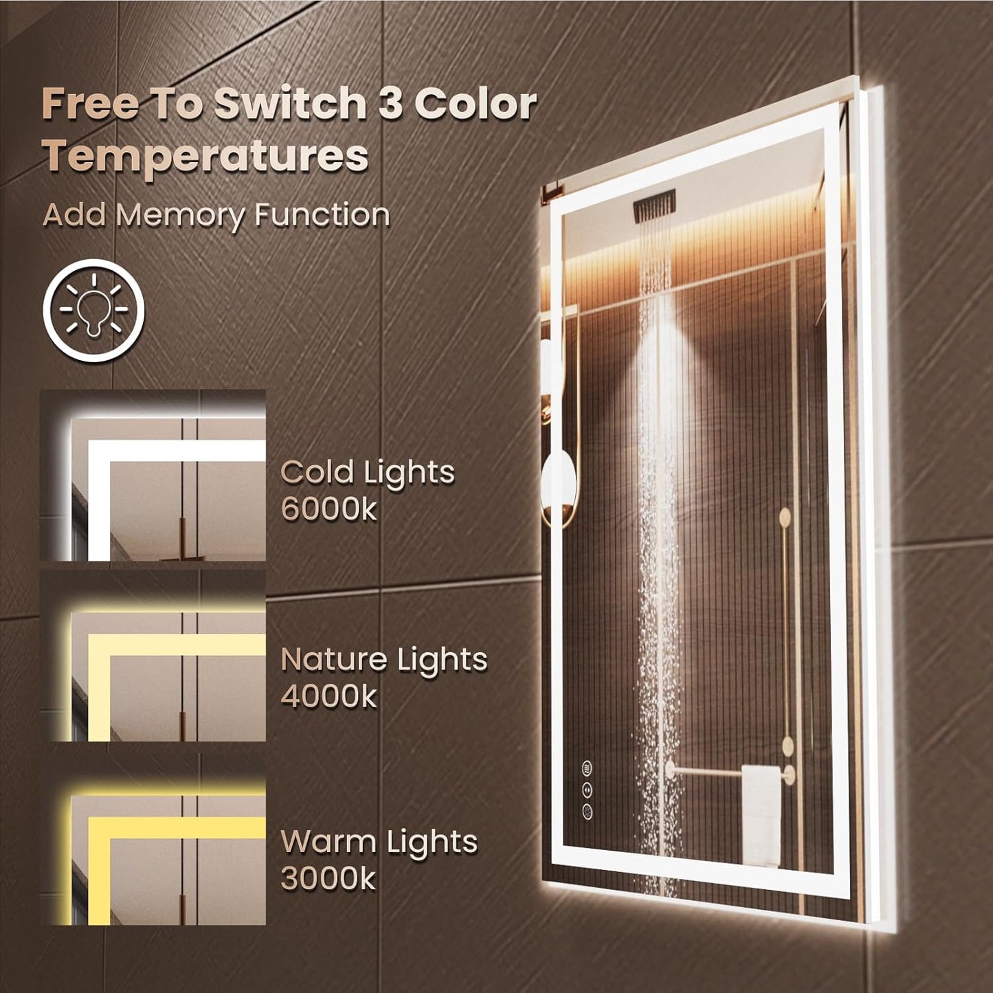 30"X36" LED Bathroom Mirror with Front Lights and Backlit, Anti-Fog, Dimmable, Shatter-Proof Tempered Glass, Lighted Bathroom Vanity Mirror for Wall with 3 Colors, Memory Function