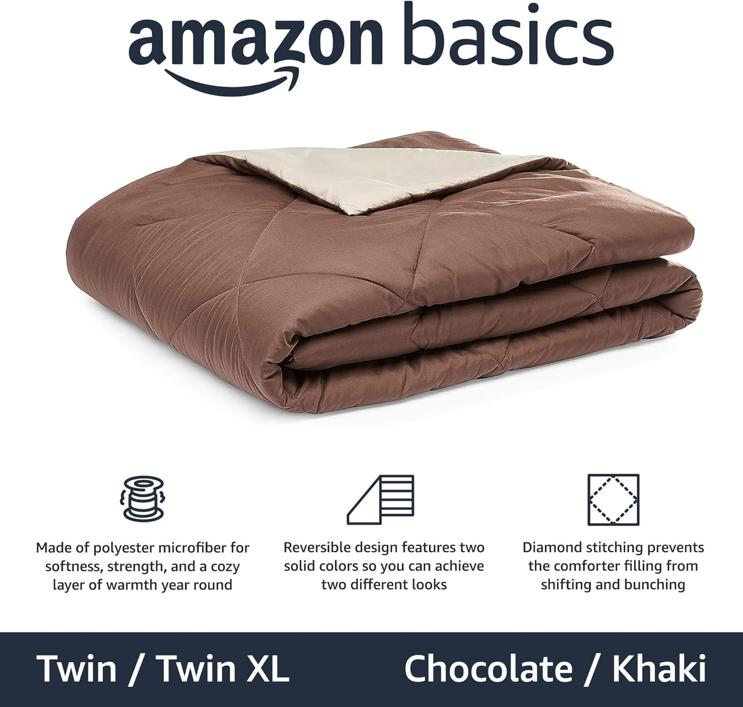 Amazon Basics Comforter Blanket Twin/Twin XL, Reversible Lightweight Microfiber All Season Blanket, Chocolate / Khaki