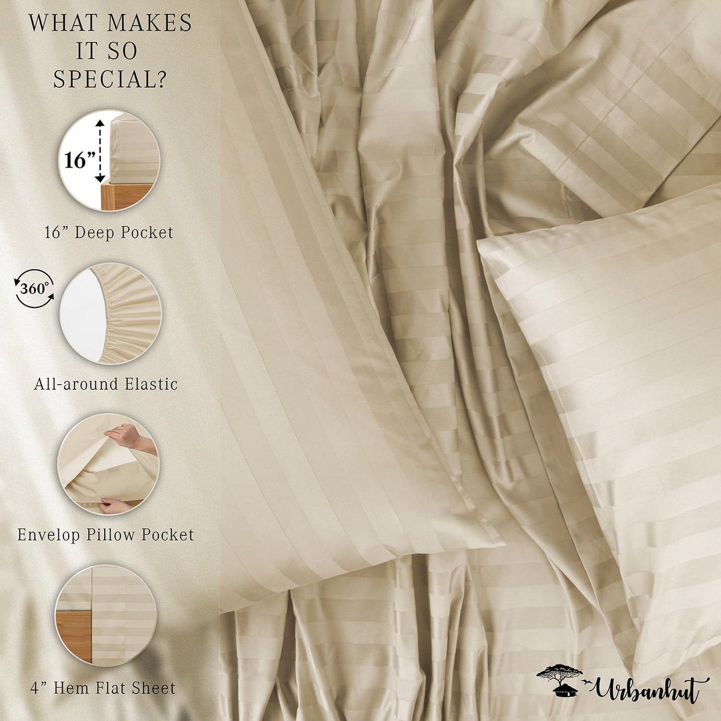 URBANHUT 1000 Thread Count Egyptian Cotton Damask Striped California King Sheets, Long Staple Soft & Breathable, 4 Pc Bed Sheet Sets, Luxury Hotel Sateen Sheets Fits 16" Deep Pocket - Ivory
