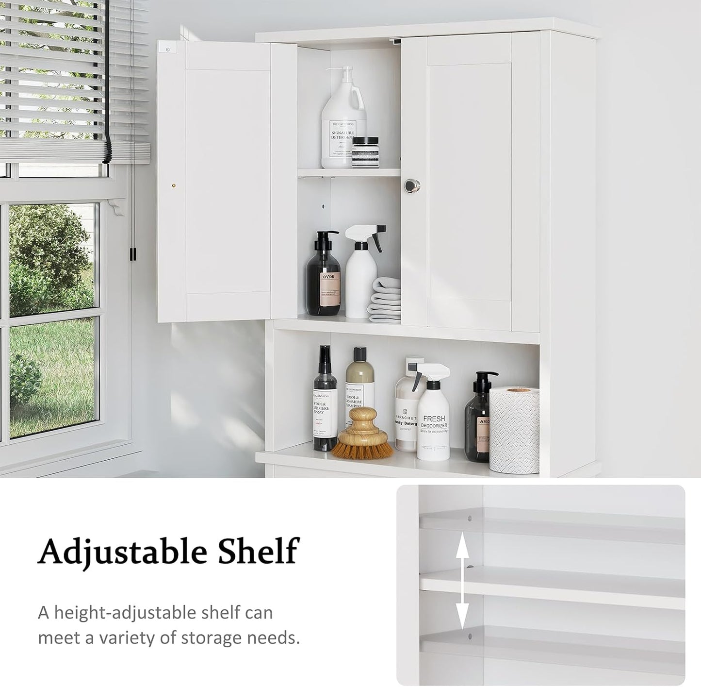 Meilocar Over The Toilet Storage Cabinet, Bathroom Storage Cabinet Over Toilet, Space Saver W/Adjustable Shelf & Open Shelf, White