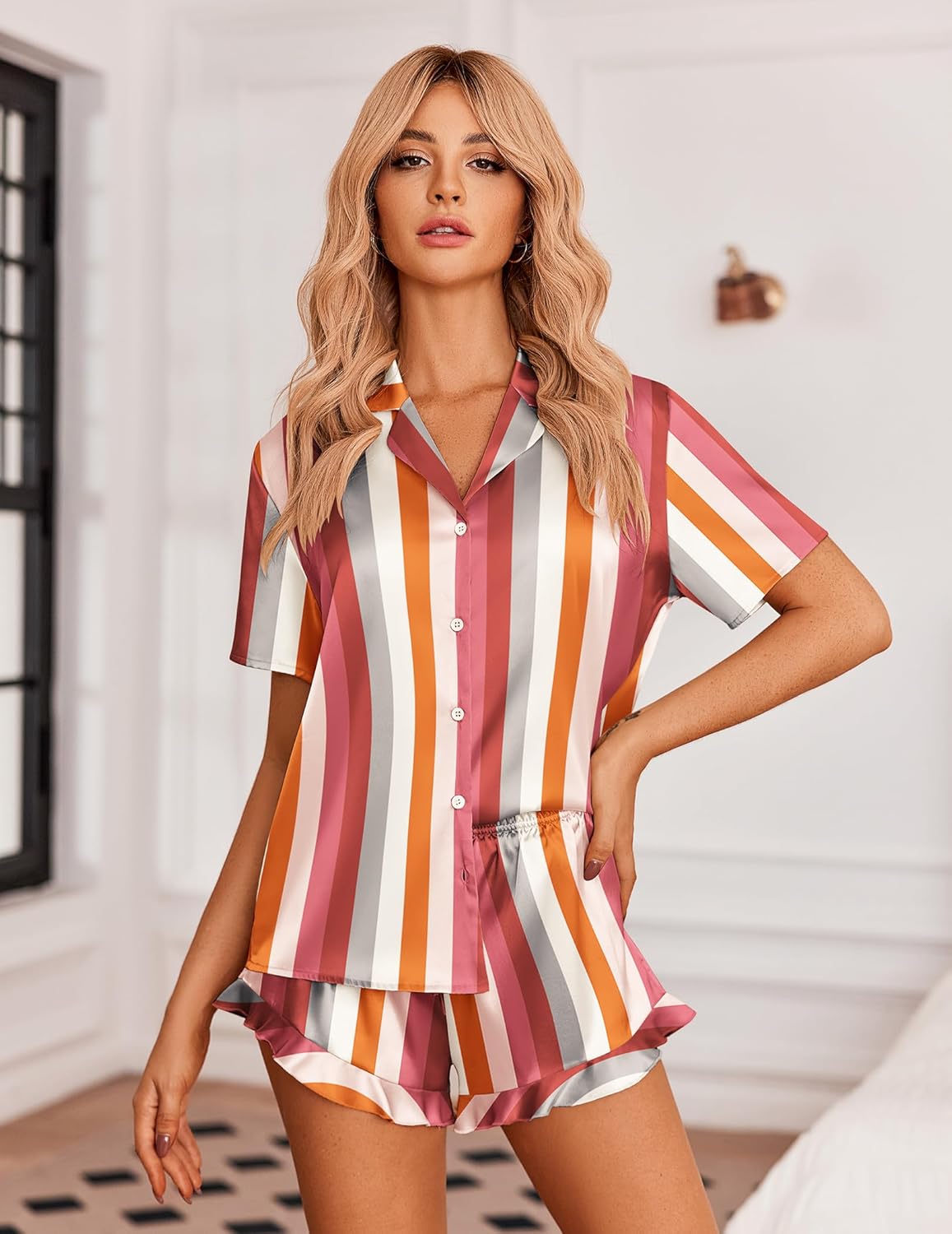 Ekouaer Womens Satin Pajamas Set Button Down 2 Piece Silk Pjs Shorts Set Ruffle Lingerie Notch Collar Sleepwear