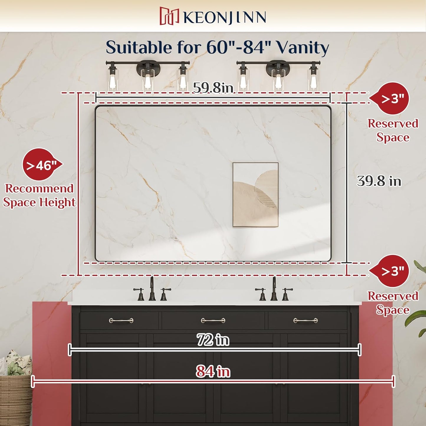Keonjinn Black Bathroom Mirror for Over Sink, 60 x 40 Inch Large Rounded Rectangle Bathroom Vanity Mirror, Matte Black Farmhouse Wall Mirror, HD Tempered Glass, Seamless Aluminum Alloy Frame Mirror