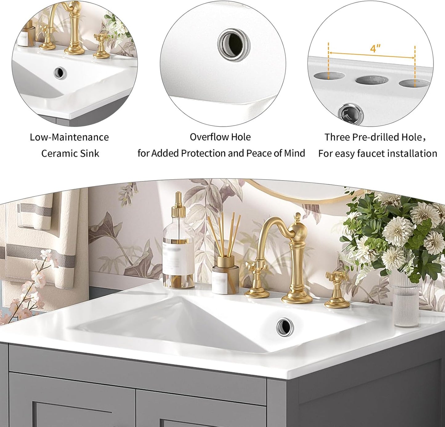 24" Bathroom Vanity with Sink Combo Set, Solid Wood Frame Bathroom Storage Cabinet with 2 Drawers and 1 Drawer, Double-layer Door Shelf, Soft Closing Cabinet Door with Organizer,Grey