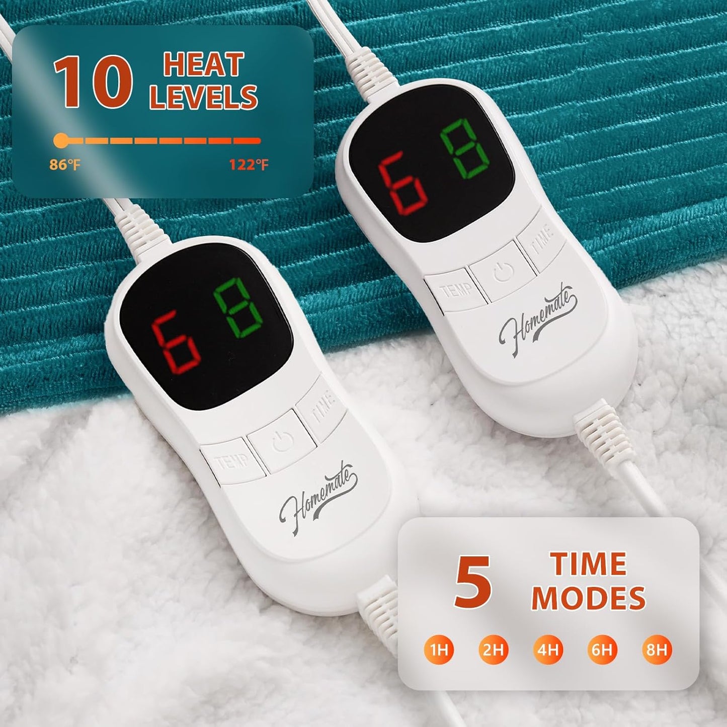 Homemate Electric Heated Blanket King Size - 100"x90" Heating Blanket King Size Dual Control 1/2/4/6/8 Hours Auto-Off 10 Heat Level Over-Heat Protection Soft Flannel Sherpa ETL Certification