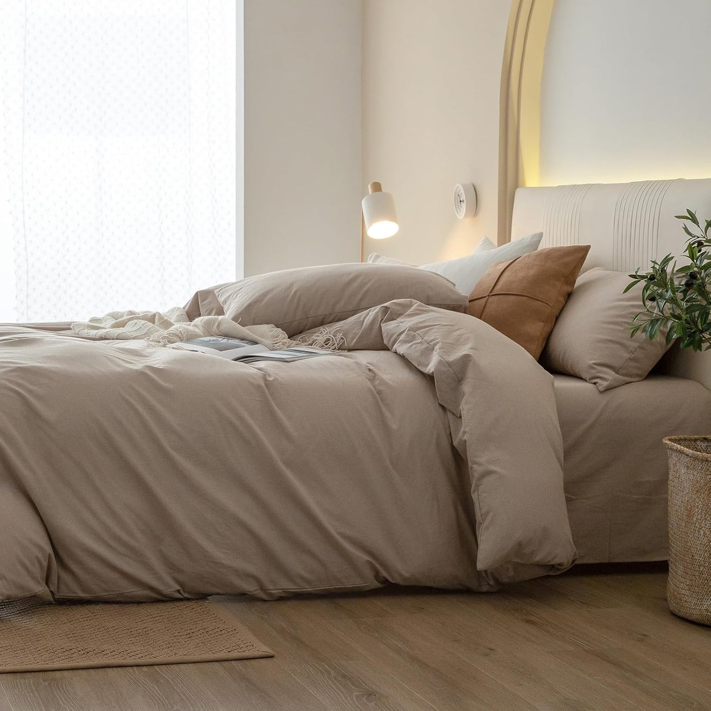 JIYUAN 100% Washed Cotton Duvet Cover Set 3 Pieces King, 1 Duvet Cover 104x90 Inches(Comforter Not Included) and 2 Pillowcases,Linen Feel Bedding Set Comfy and Breathable, Heathered Warm Taupe